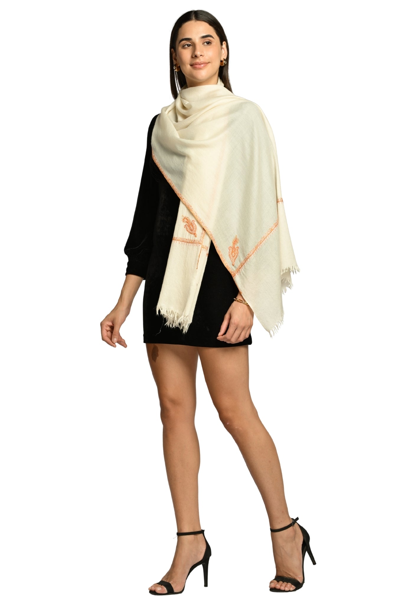 Cream Embroidered Pashmina Stole Taroob