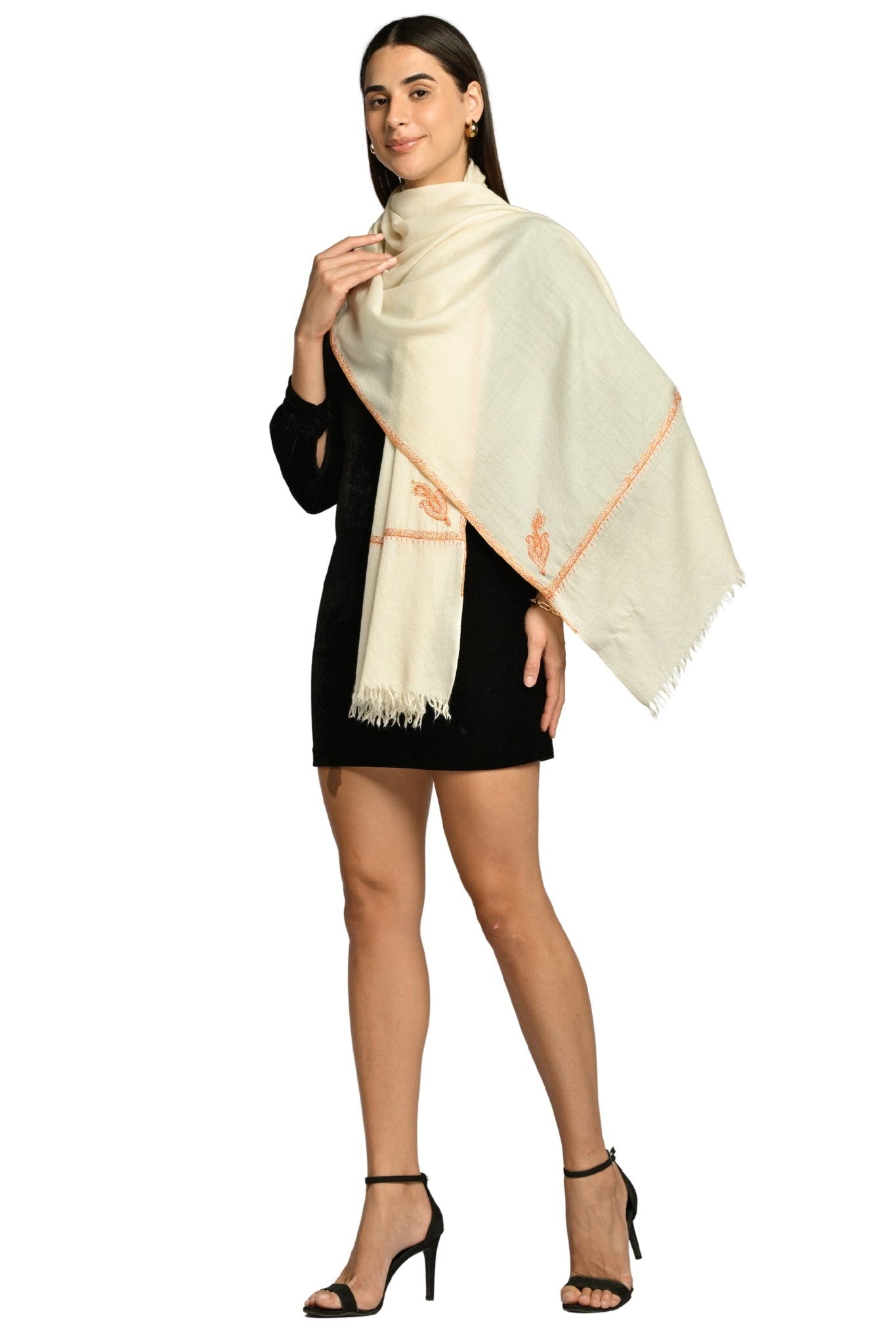 Cream Embroidered Pashmina Stole Taroob
