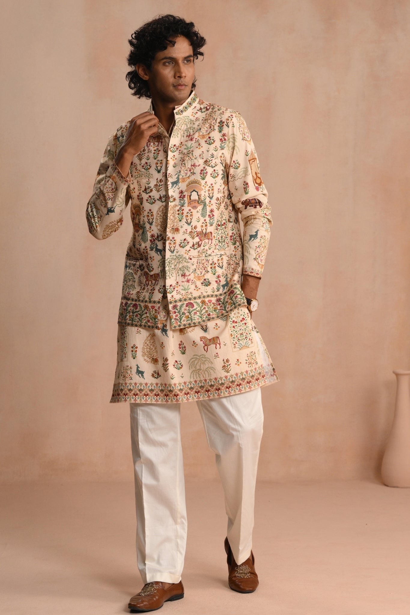 Men's Beige Safarnama Embroidered Nehru Jacket Taroob