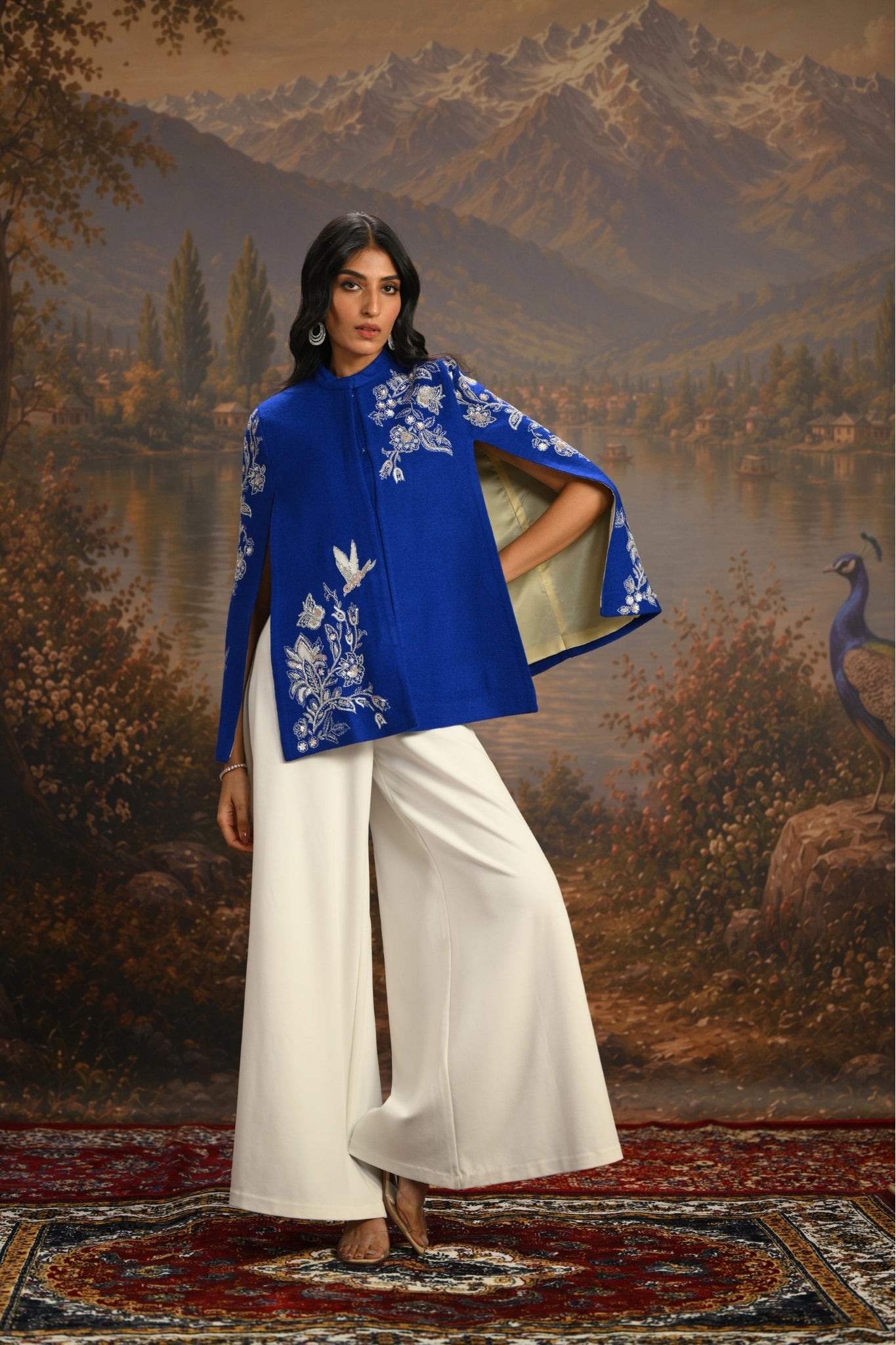Blue Embroidered Blooming Birds Cape Taroob