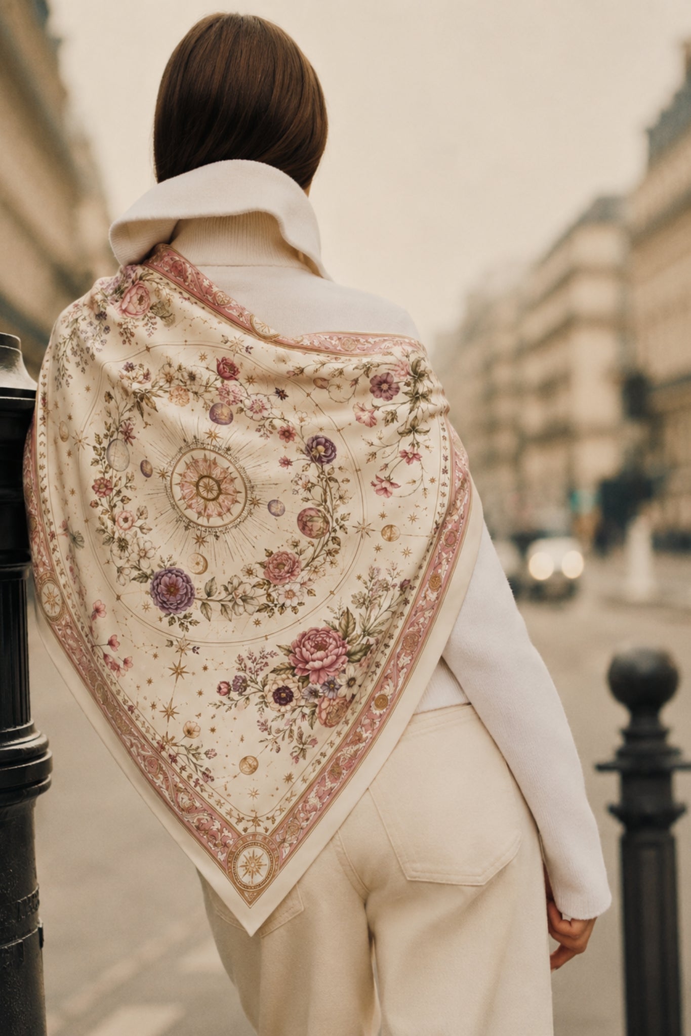 Cream Pretty Floral Silk Satin Square Taroob