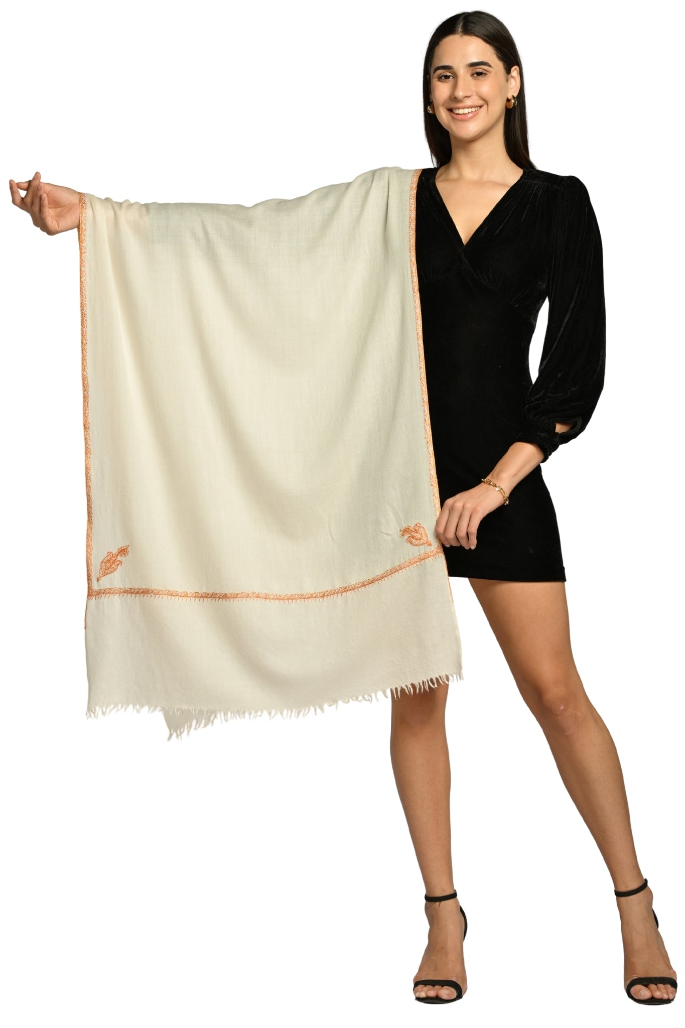 Cream Embroidered Pashmina Stole Taroob