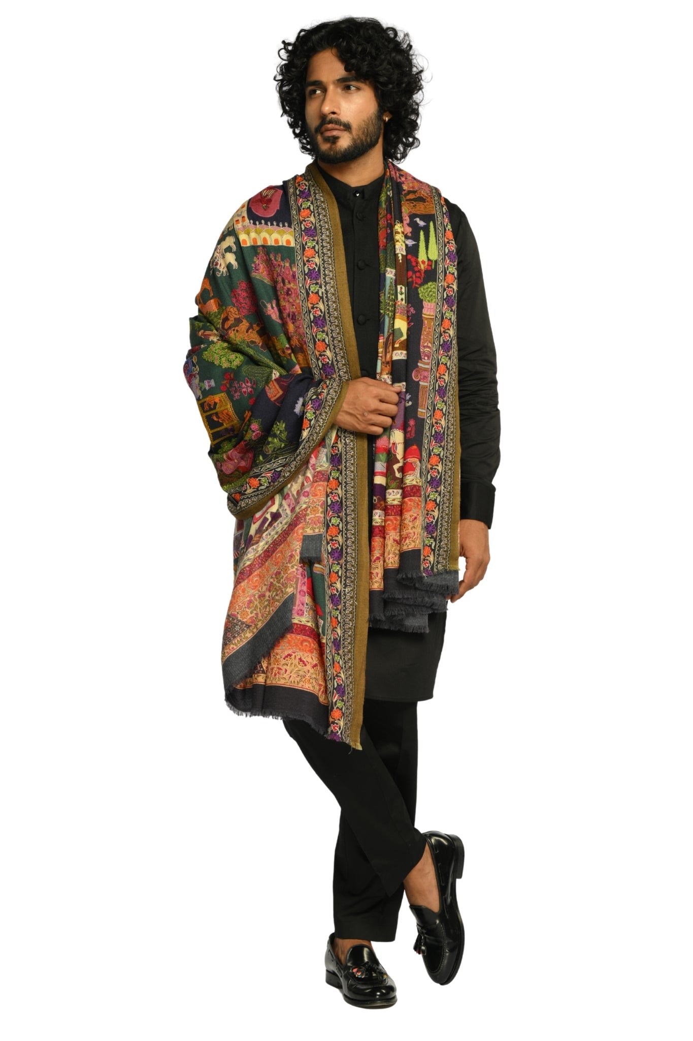 Men's Multicolor Jashn-e-Mahal Embroidered Wool Kalamkari Dusala Taroob