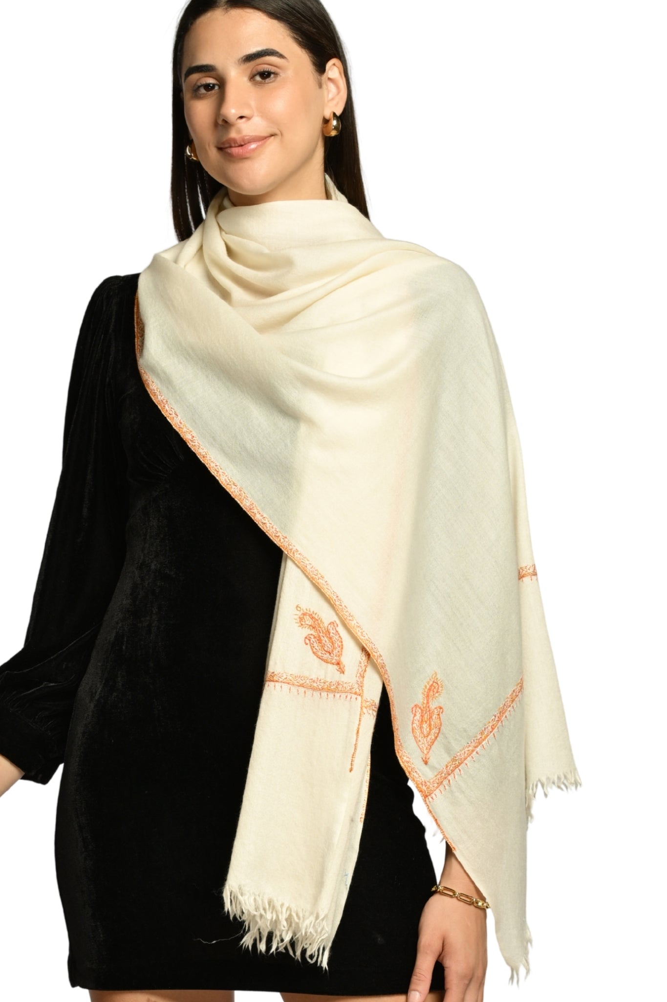 Cream Embroidered Pashmina Stole Taroob