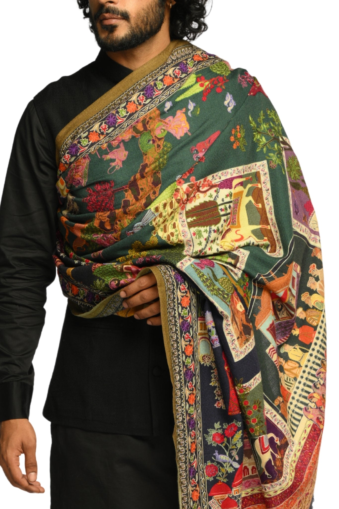 Men's Multicolor Jashn-e-Mahal Embroidered Wool Kalamkari Dusala Taroob