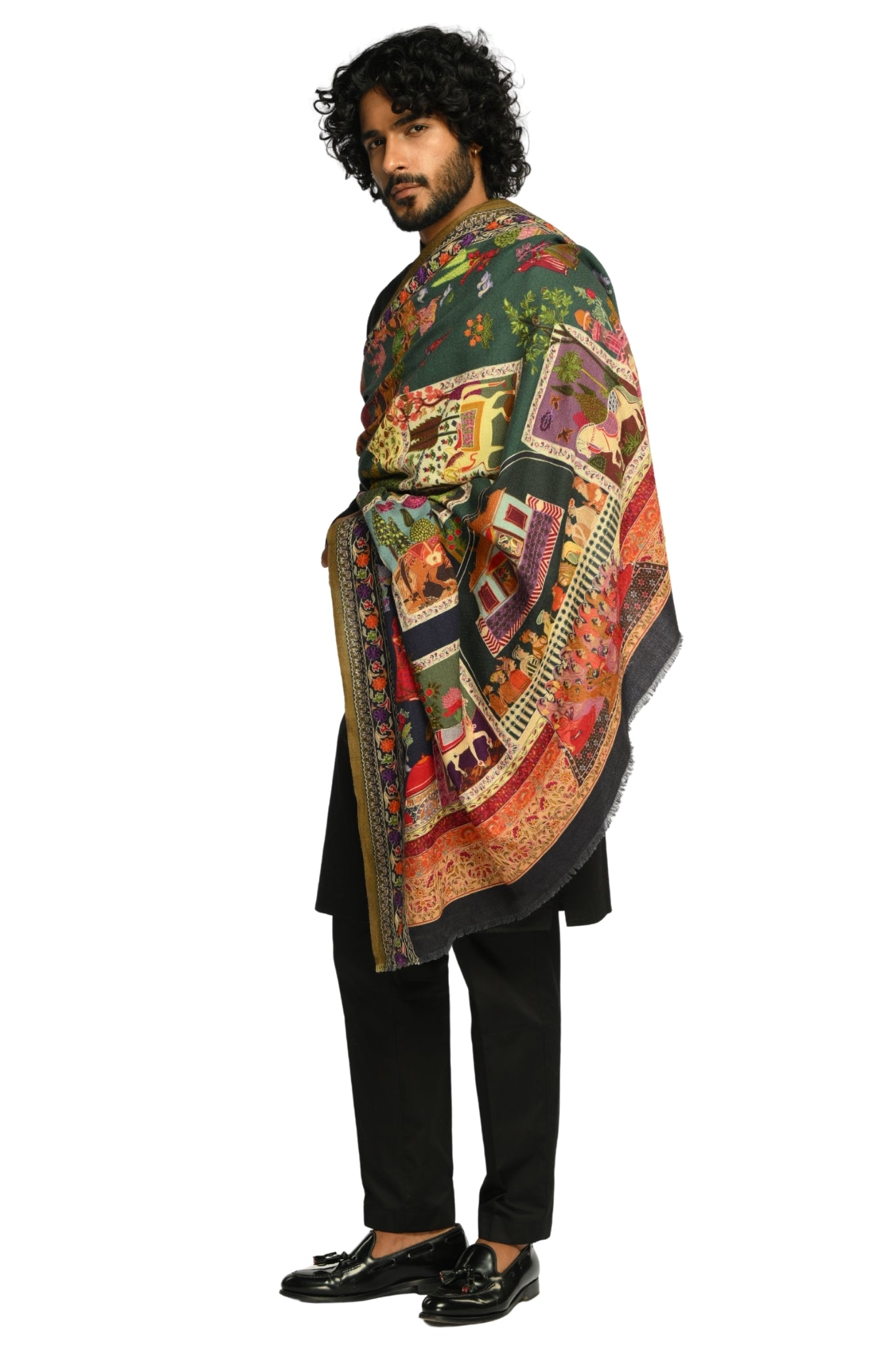 Men's Multicolor Jashn-e-Mahal Embroidered Wool Kalamkari Dusala Taroob