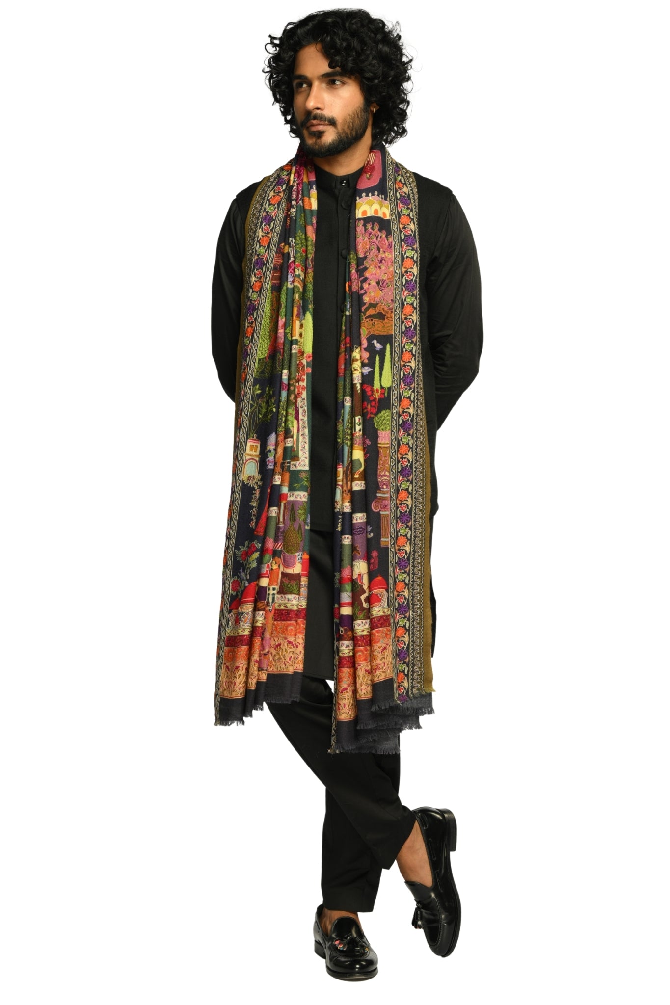 Men's Multicolor Jashn-e-Mahal Embroidered Wool Kalamkari Dusala Taroob