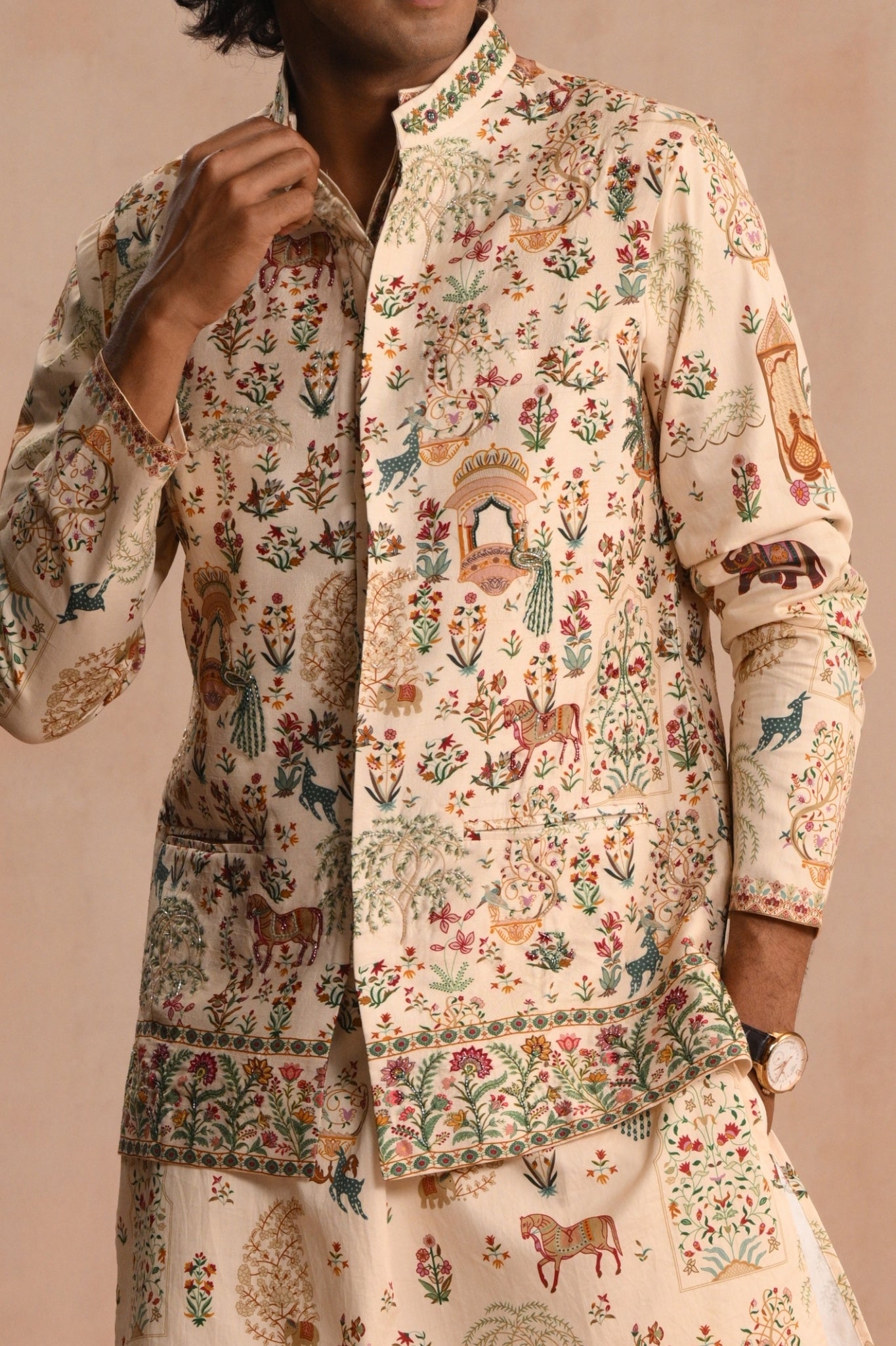 Men's Beige Safarnama Embroidered Nehru Jacket Taroob