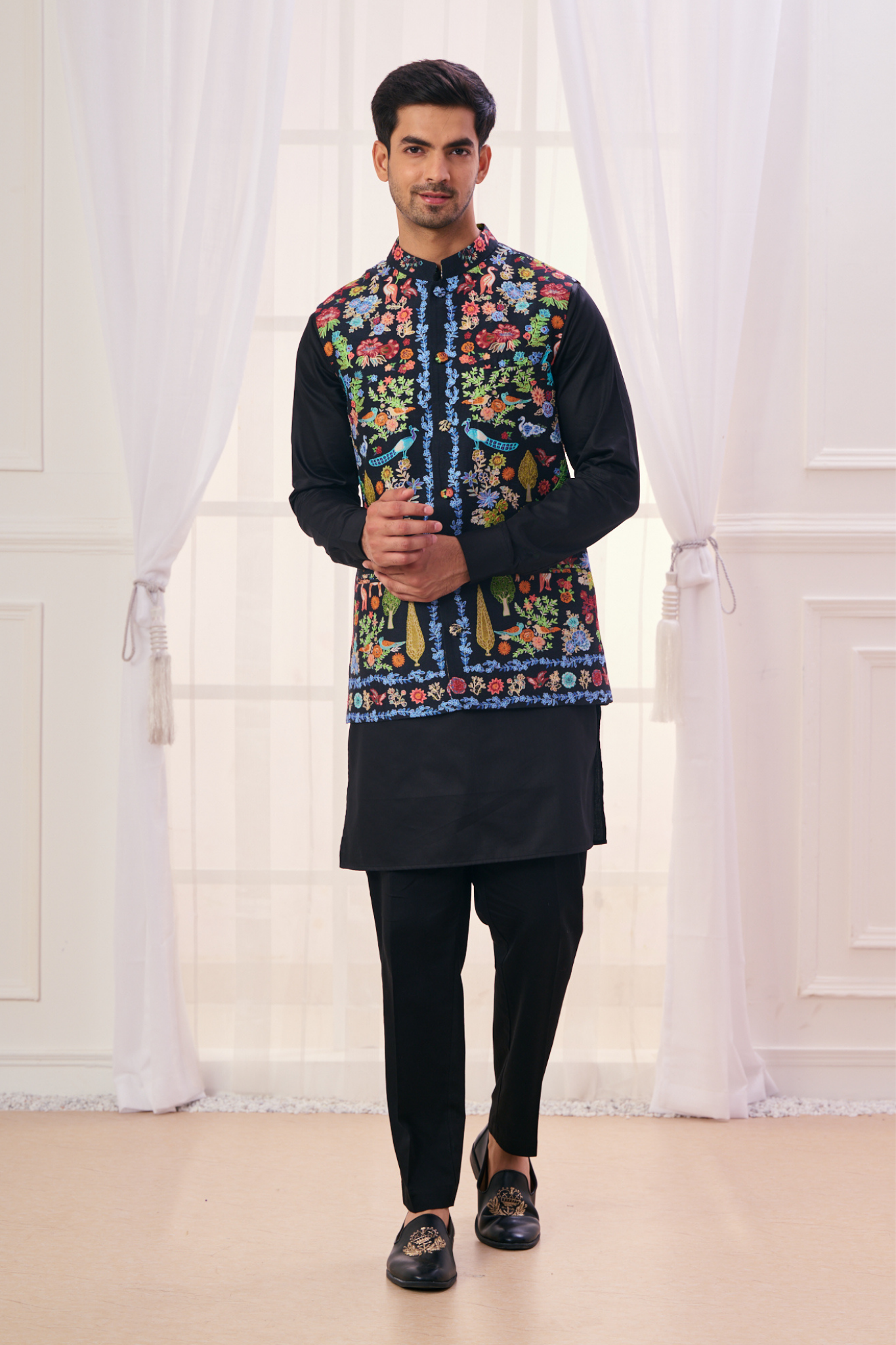 Taroob Silk Linen Safari Nehru Jacket with Embroidered Highlights