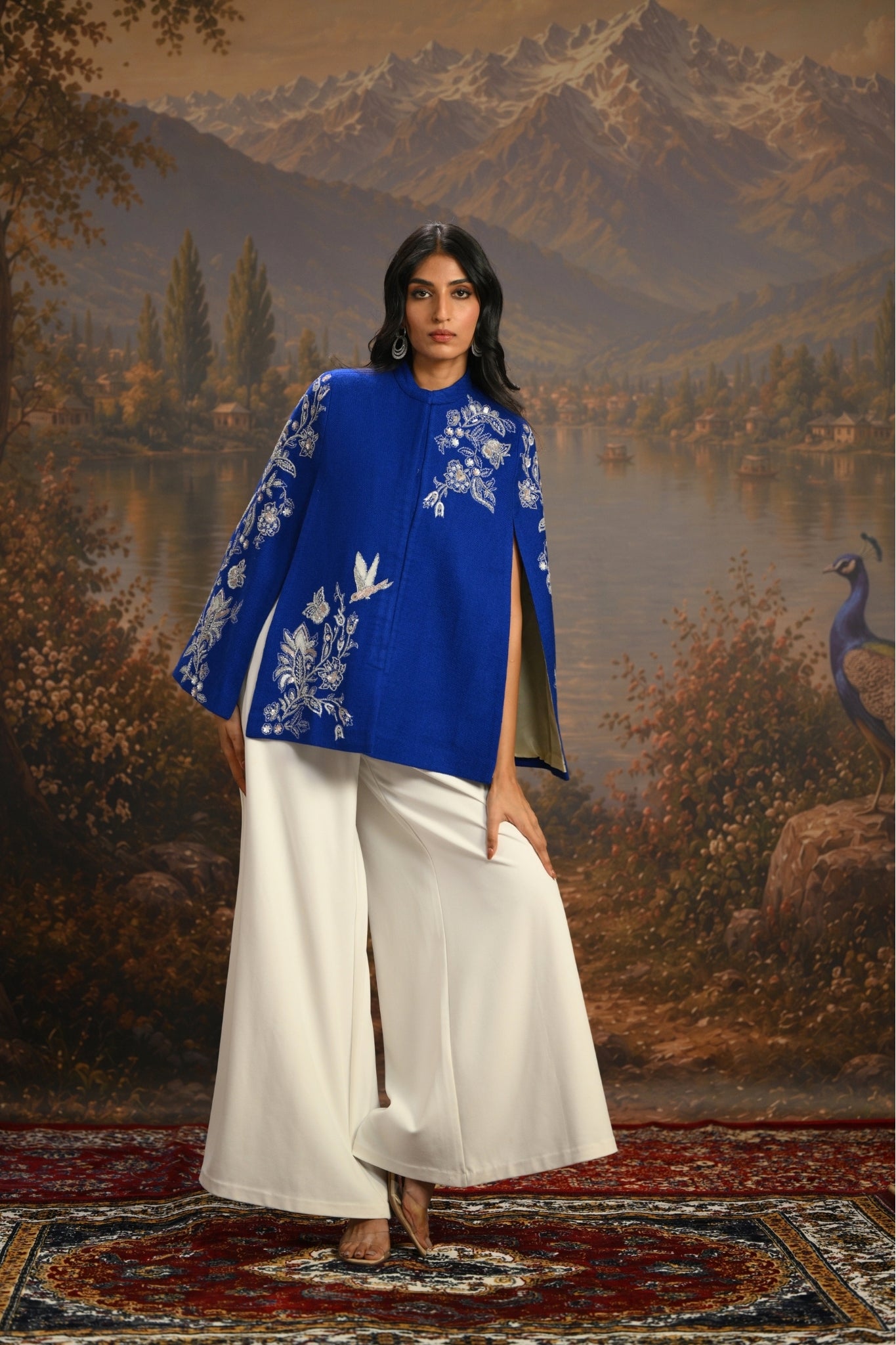 Blue Embroidered Blooming Birds Cape Taroob