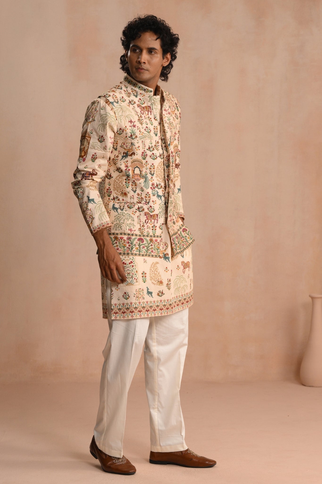 Men's Beige Safarnama Embroidered Nehru Jacket Taroob