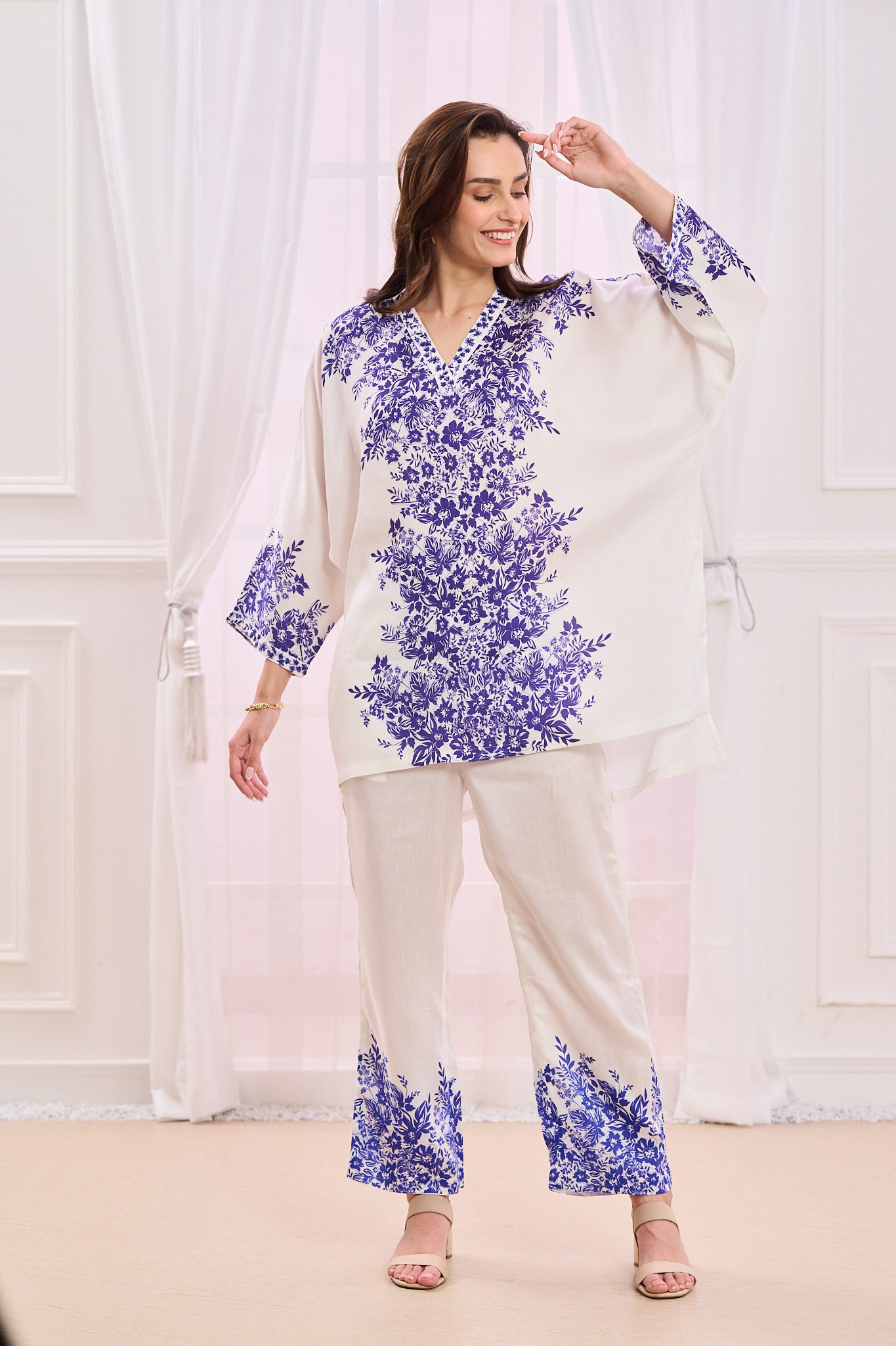 Taroob Printed Silk Kaftan Co-ord Set with Embroidery Highlights