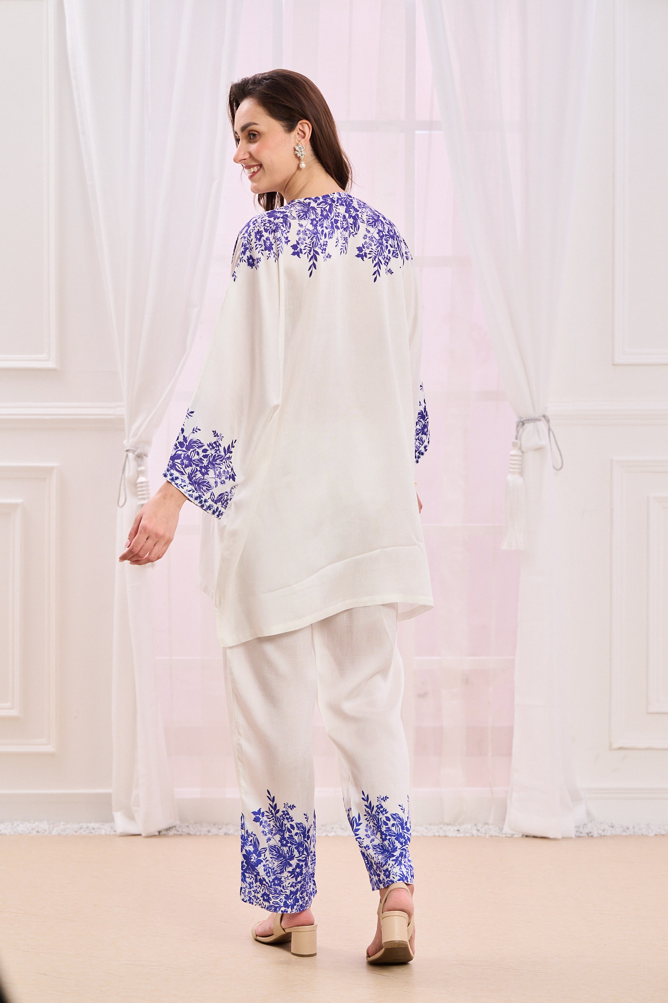 Taroob Printed Silk Kaftan Co-ord Set with Embroidery Highlights