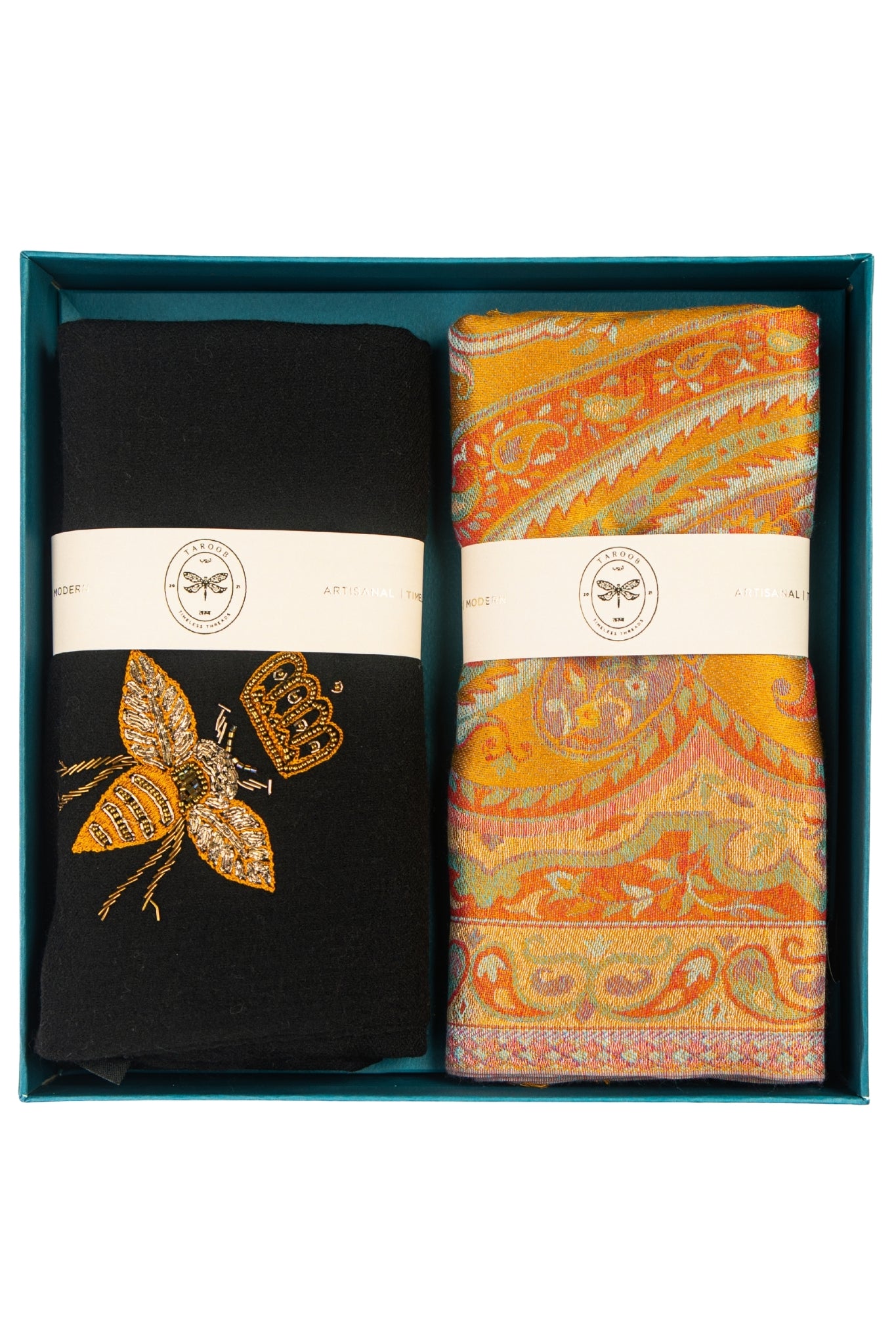 Couple Gift Set of Embroidered Stole for Her & Jamawar Stole for Him – Women's Gift Boxes for His & – Styling view | Taroob