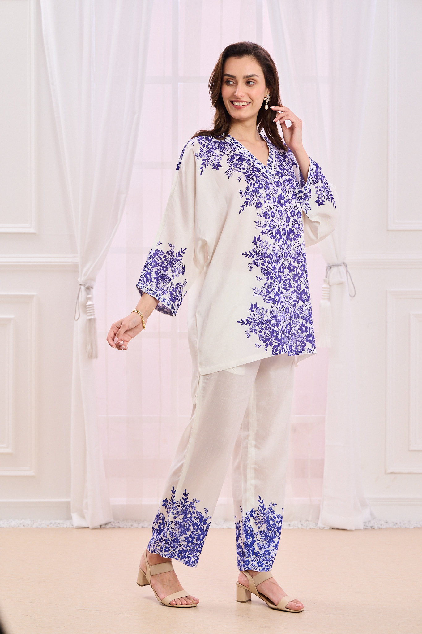 Taroob Printed Silk Kaftan Co-ord Set with Embroidery Highlights