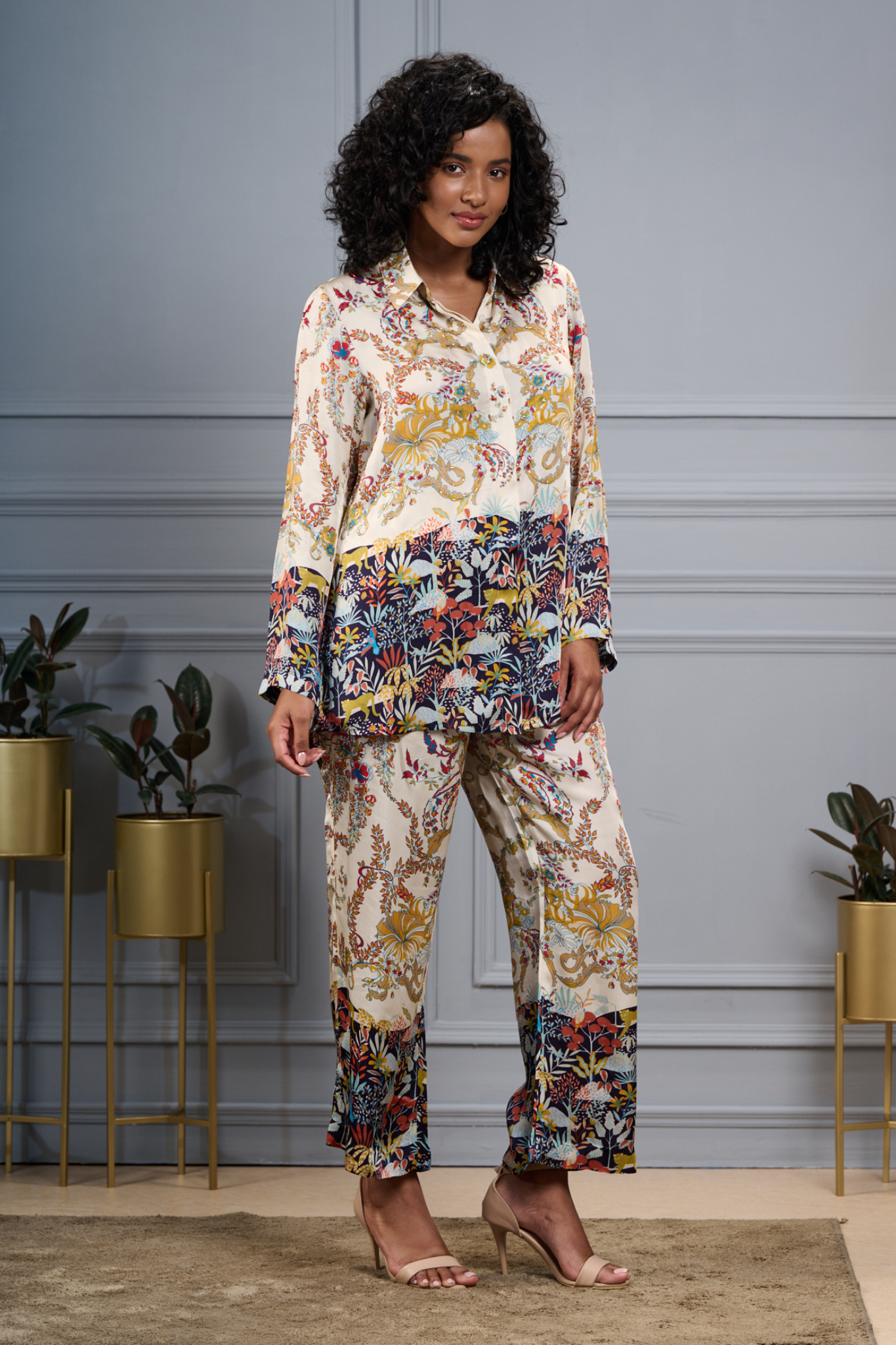 Taroob Silk Satin Safari Co-ord Set with Embroidered Highlights