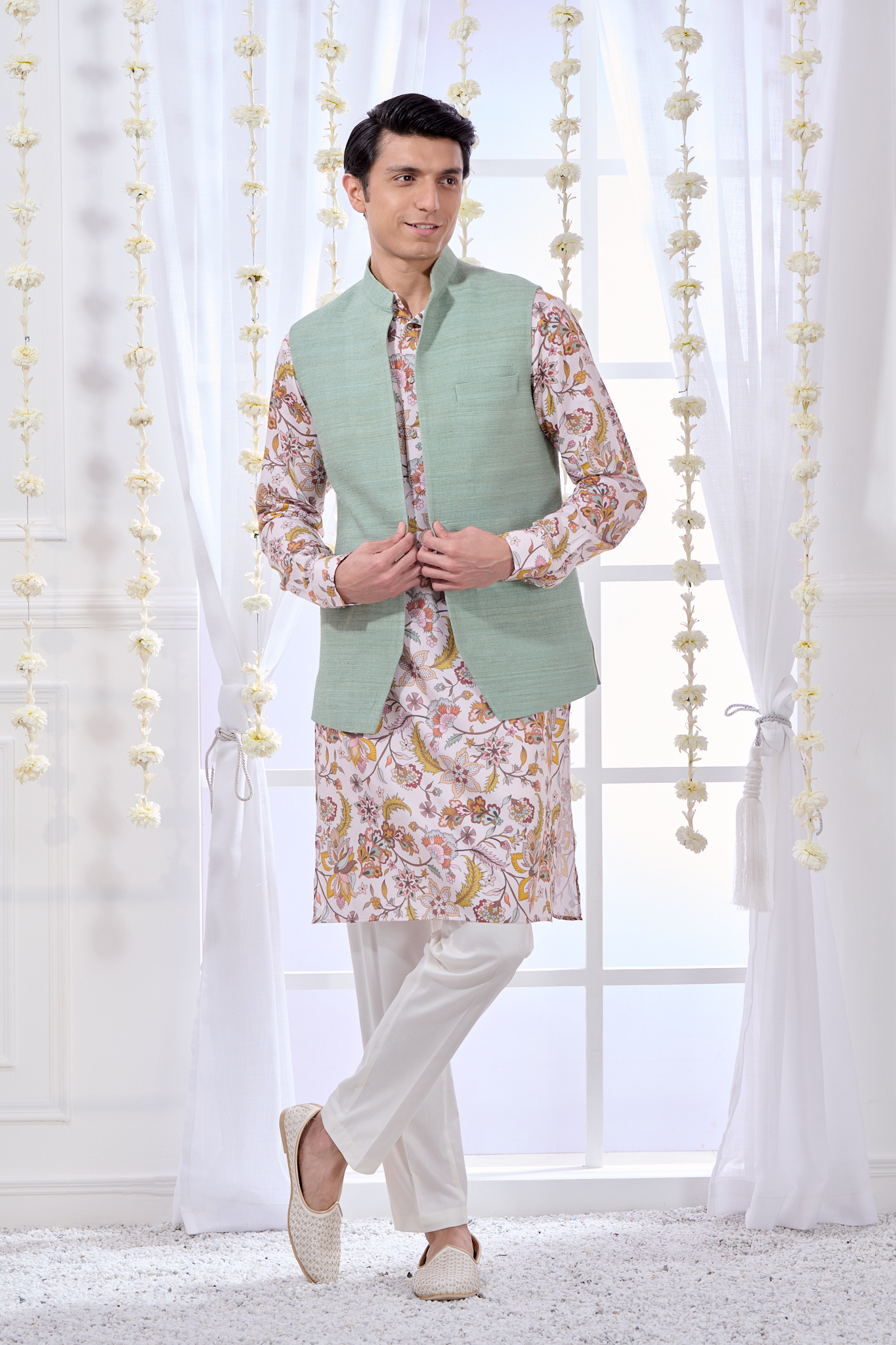 Taroob Raw Silk Bandi & Floral Kurta Pajama Set
