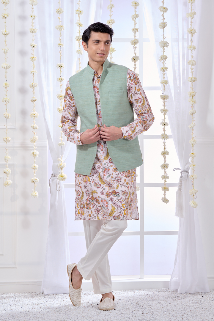 Raw Silk Bandi & Floral Kurta Pajama Set
