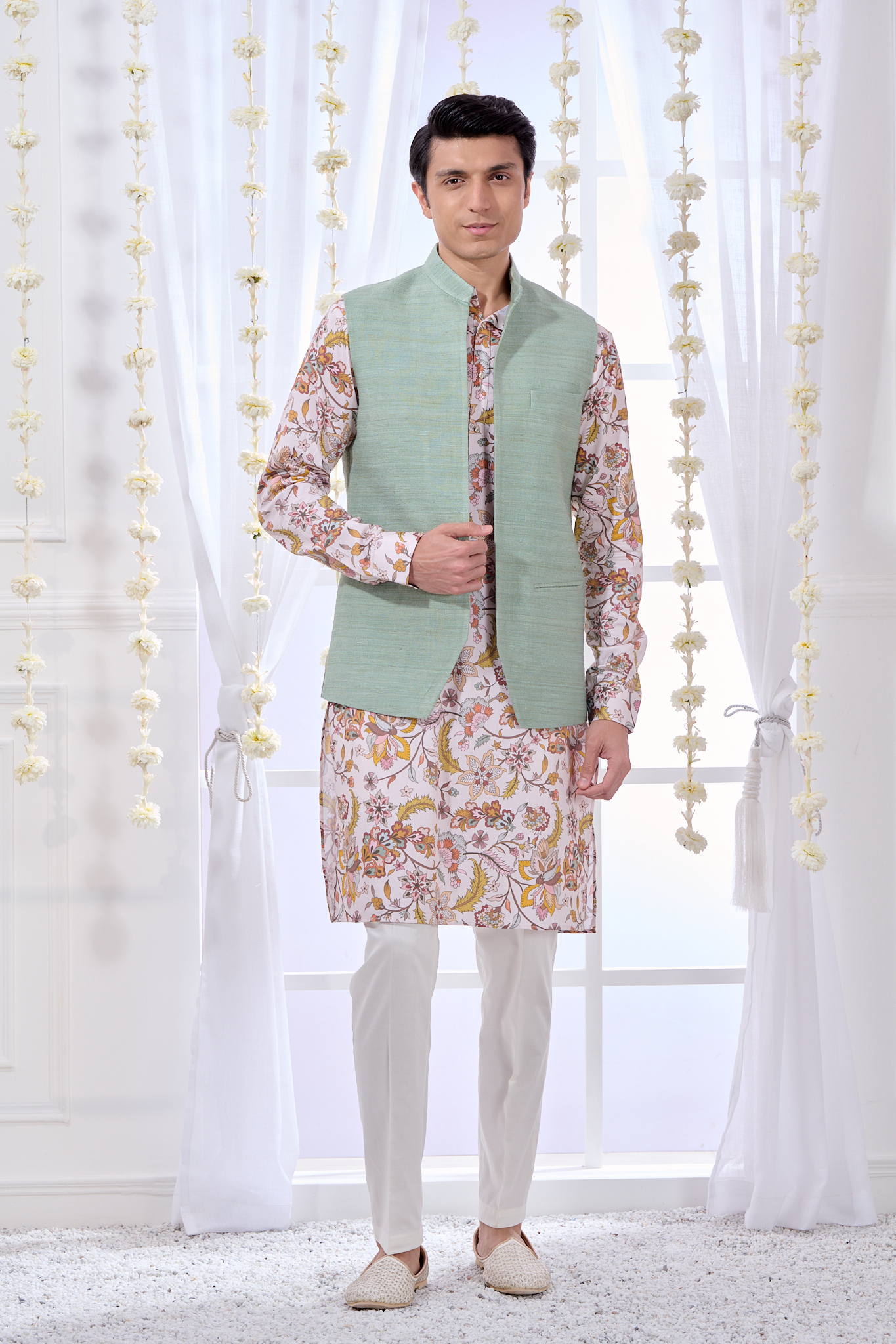 Taroob Raw Silk Bandi & Floral Kurta Pajama Set