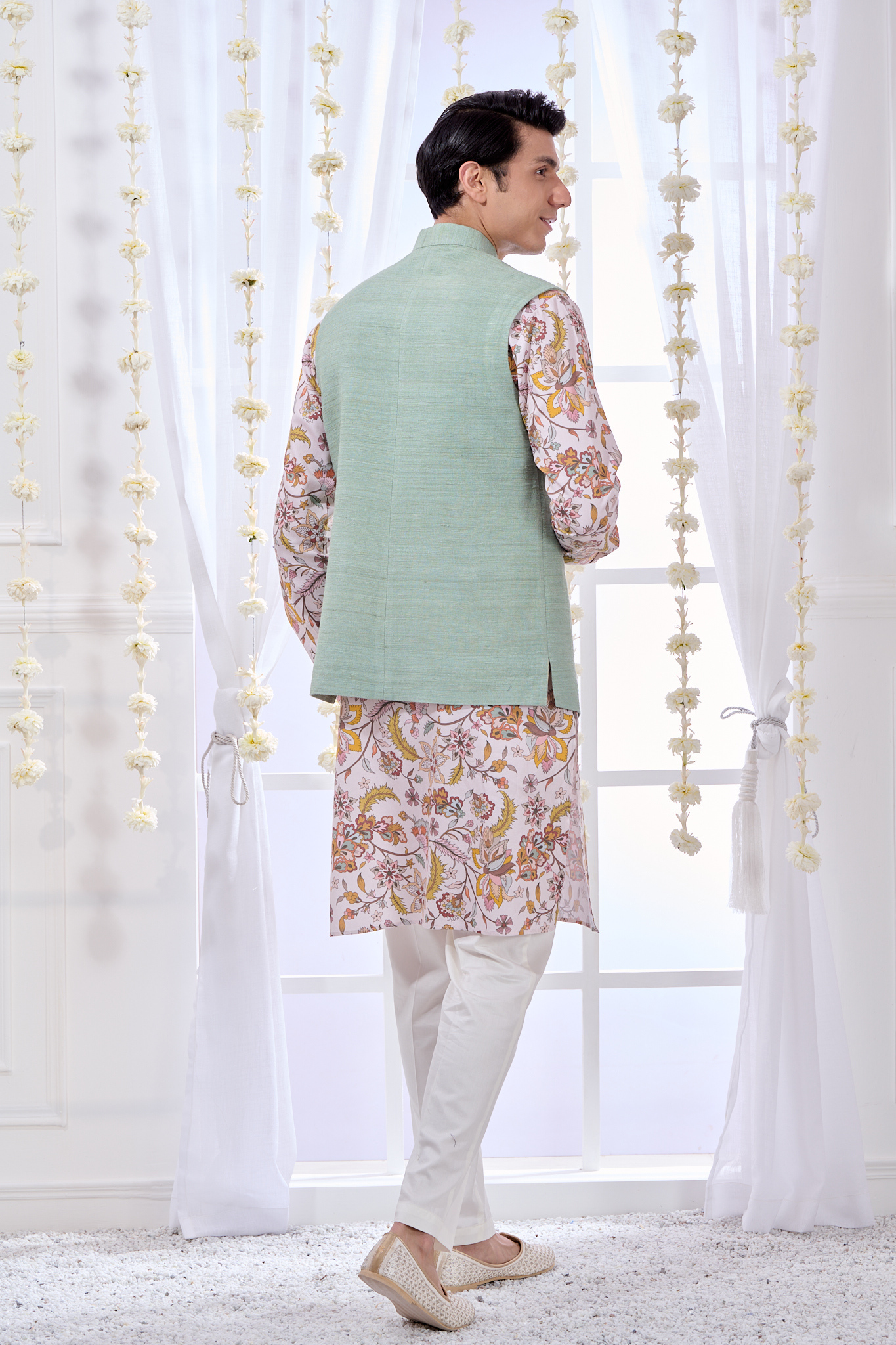 Taroob Raw Silk Bandi & Floral Kurta Pajama Set