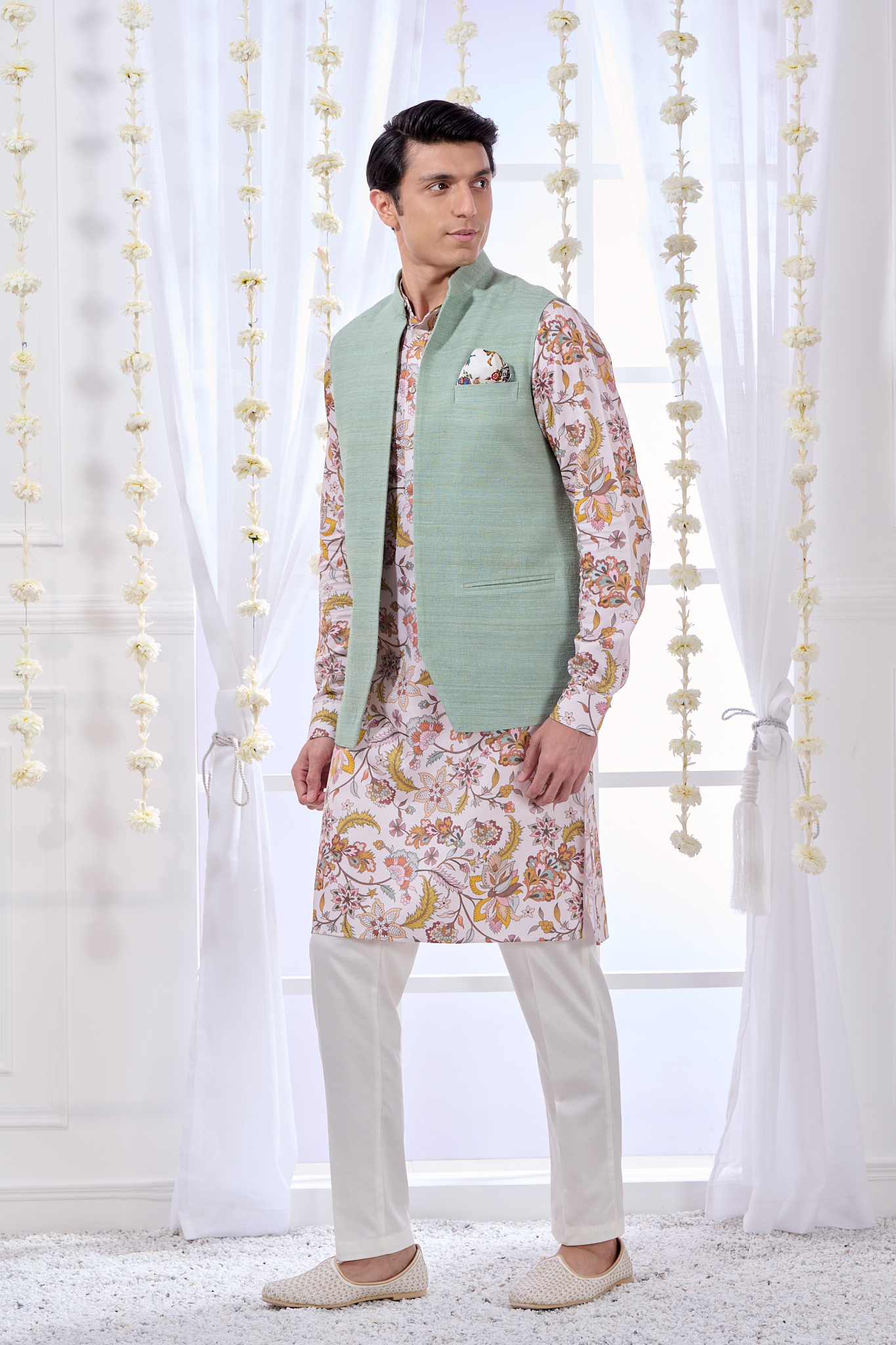 Taroob Raw Silk Bandi & Floral Kurta Pajama Set