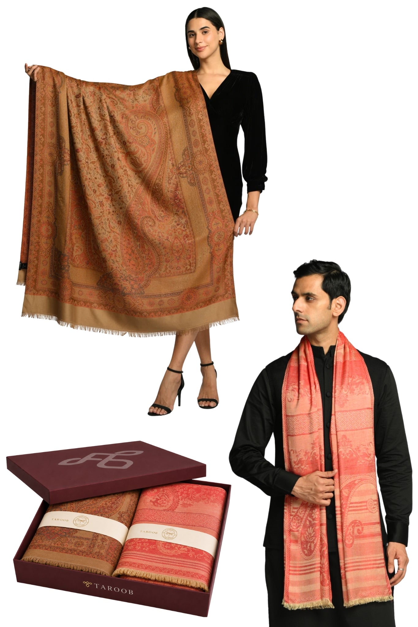 Taroob Gift Set of Superfine Modal Stole for Him & Faux Pashmina Jamawar Shawl for Her in UAE