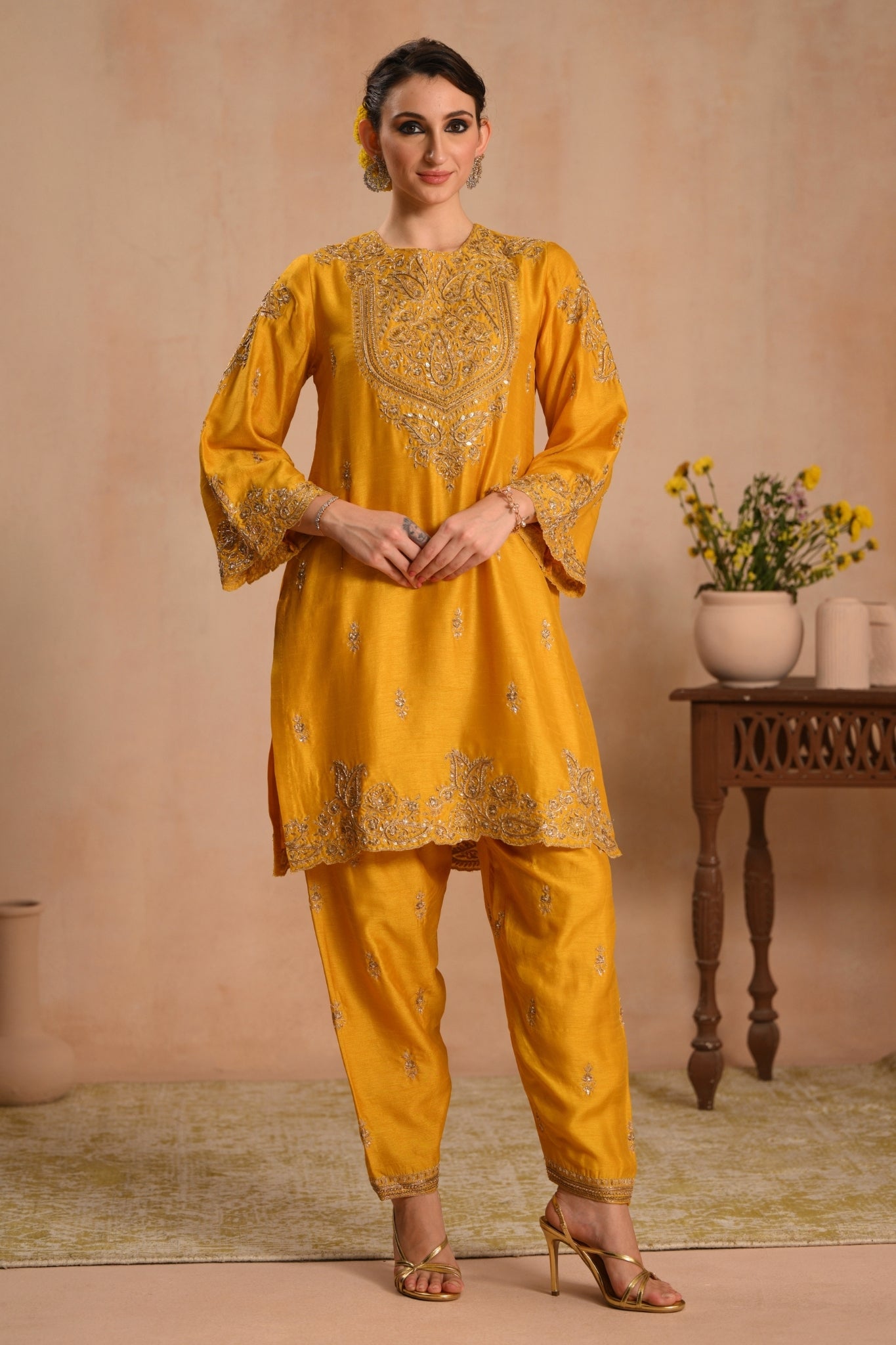 Women's Mustard Zarqash Hand Embroidered Kurta Set Taroob