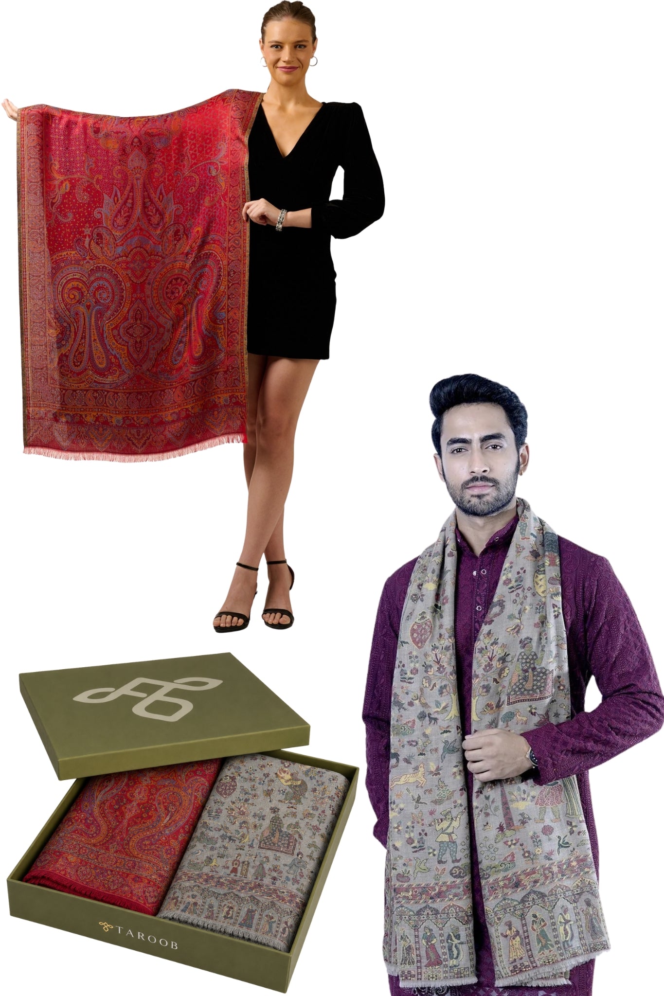 Taroob Couple Gift Set of Wool Silk Stole for Him & Silk Stole for Her in UAE