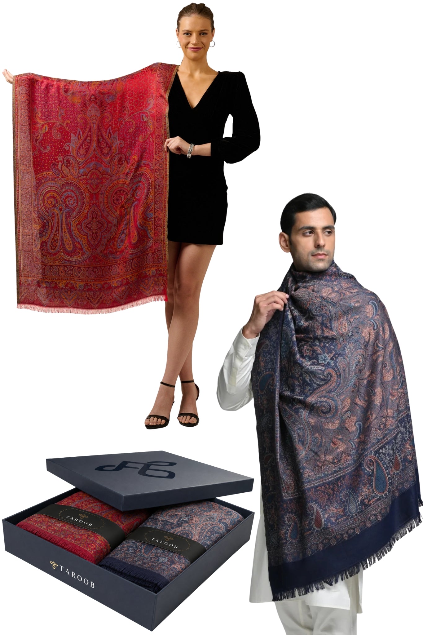 Taroob Gift Set of Faux Pashmina Jamawar Shawl & Silk Jamawar Stole