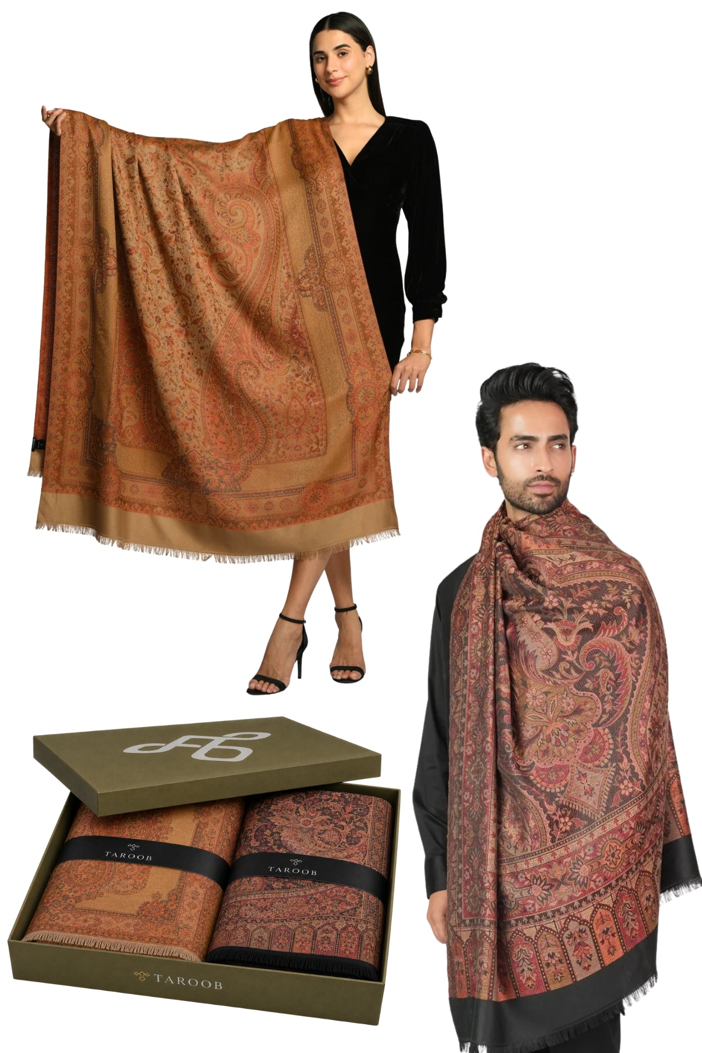 Taroob Gift Set of Faux Pashmina Jamawar Shawls for Him & Her