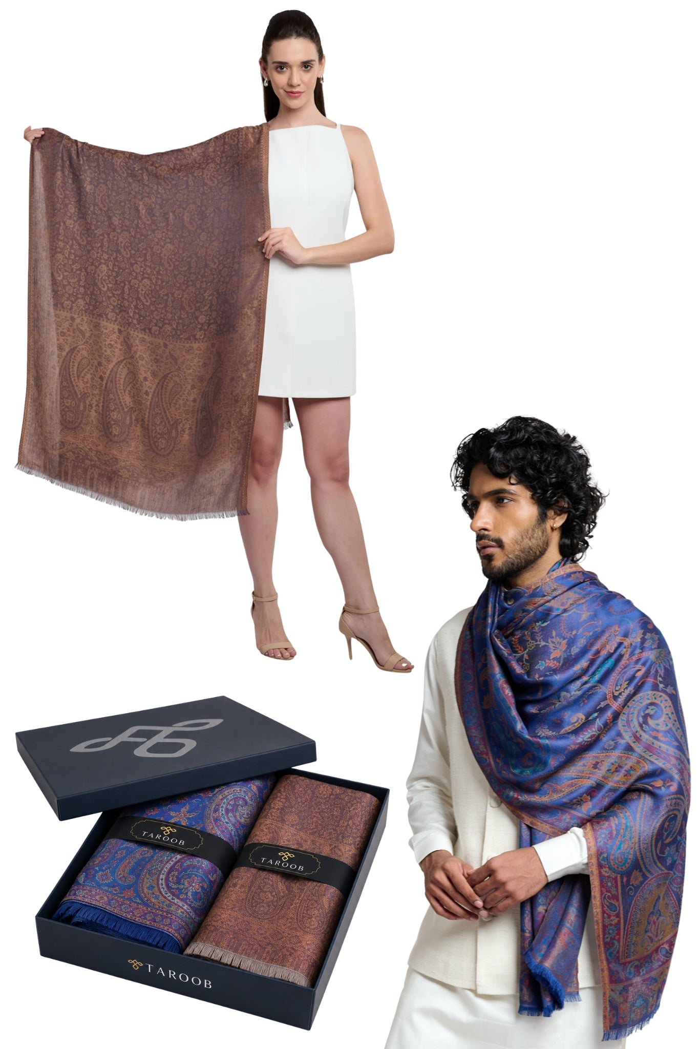 Taroob Couple Gift Set of Regal Kasmiri Jamawar Stoles for Him & Her