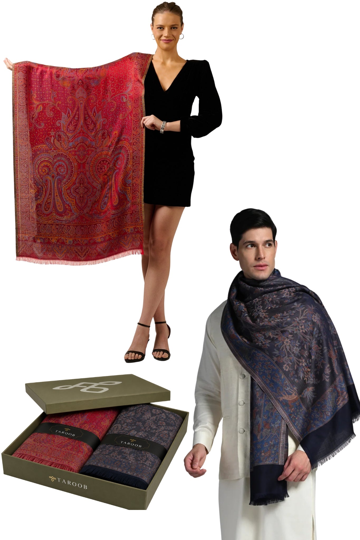 Taroob Couple Gift Set of Kashmiri Silk Jamawar Stoles for Him & Her