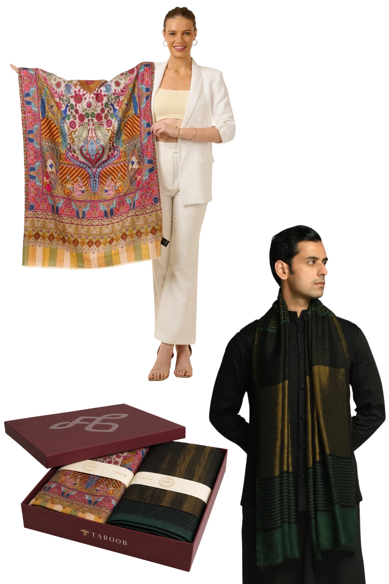 Couple Gift Set of Zari Stole for Him & Kalamkari Stole for Her Taroob