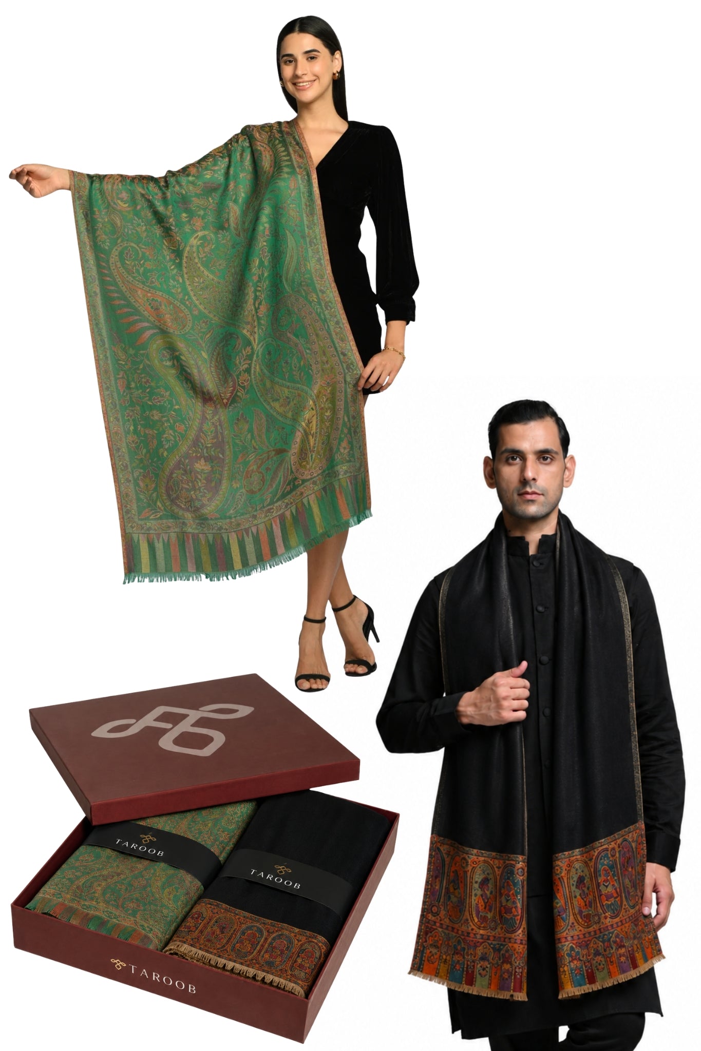 Taroob Couple Gift Set of Fine Wool Resham Stole & Silk Jamawar Stole