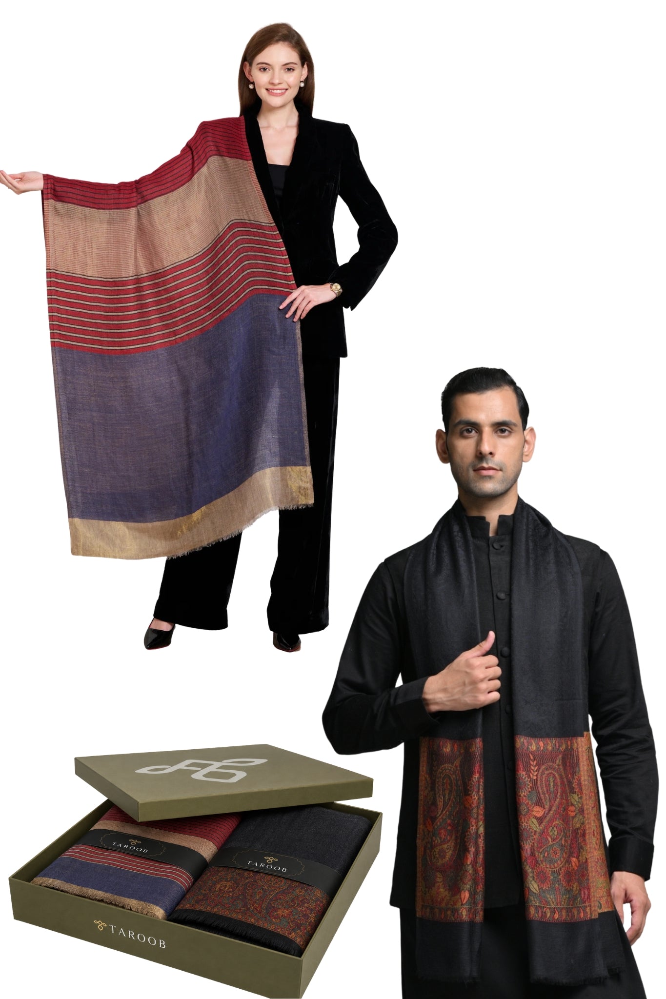 Taroob Gift Set of Wool Zari Stole & Silk Jamawar Stole