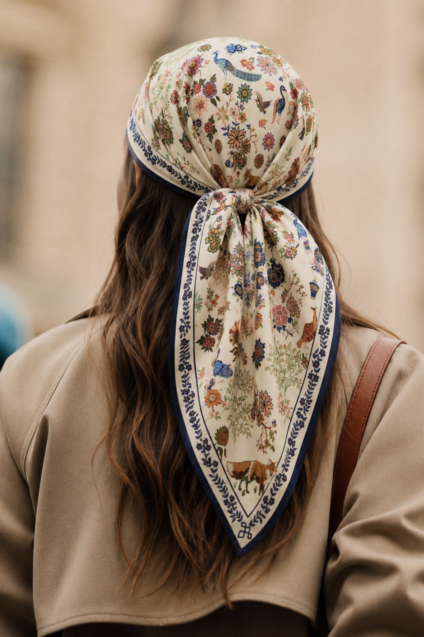 Cream Safari Printed Silk Square Scarf Taroob