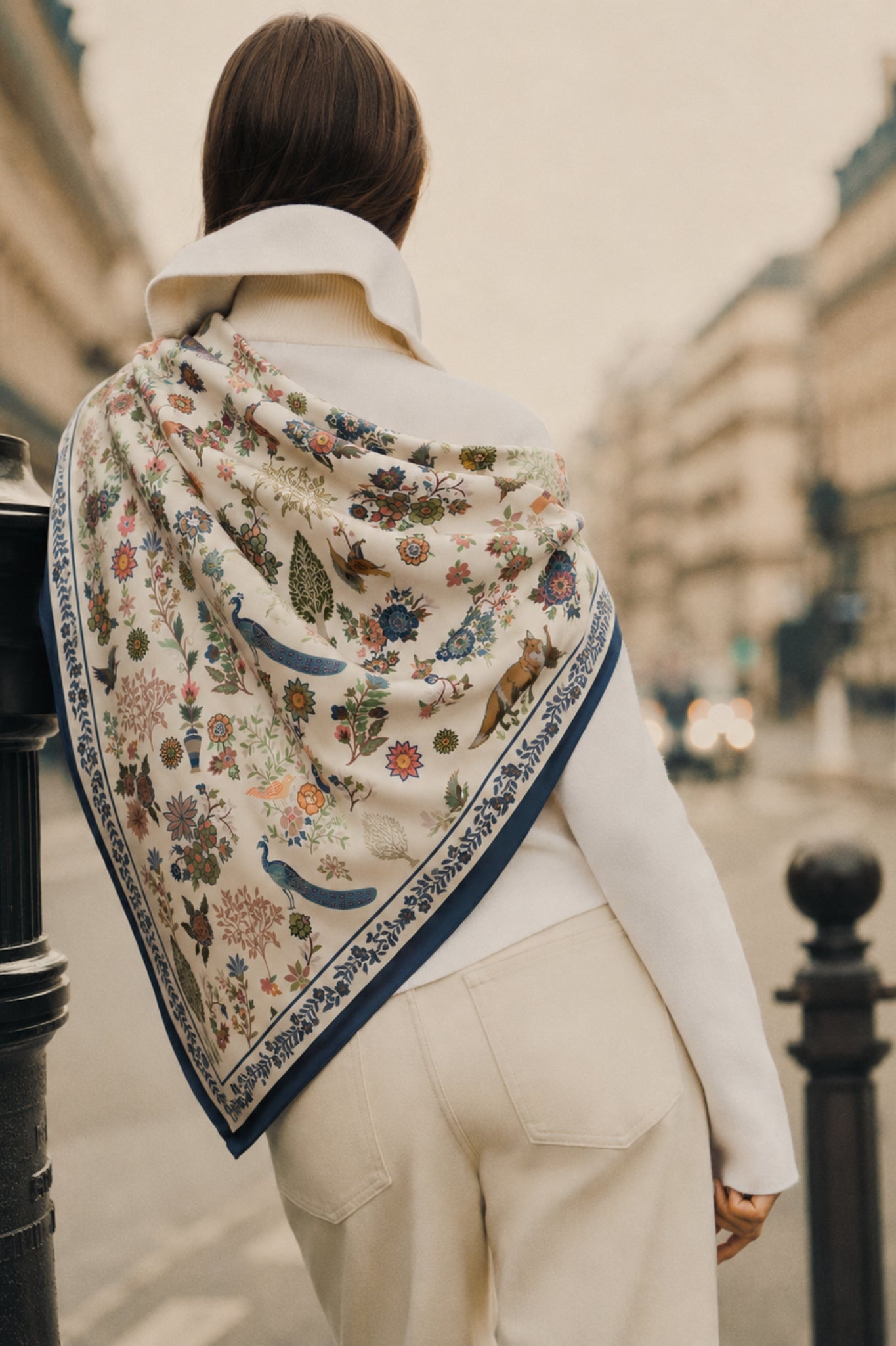 Cream Safari Printed Silk Square Scarf Taroob