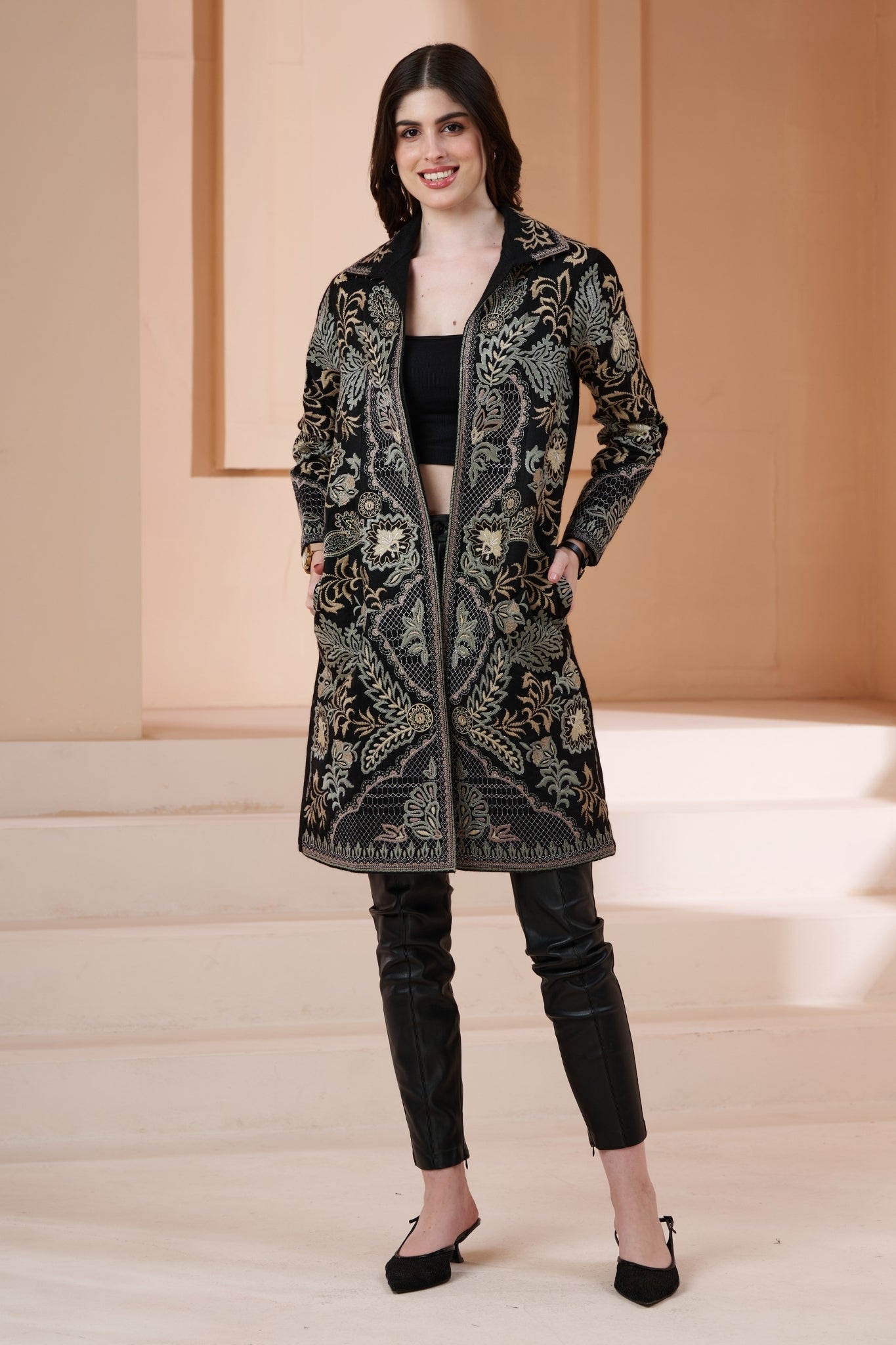 Embroidered Royal Wool Long Coat – Women's – View 7 | Taroob