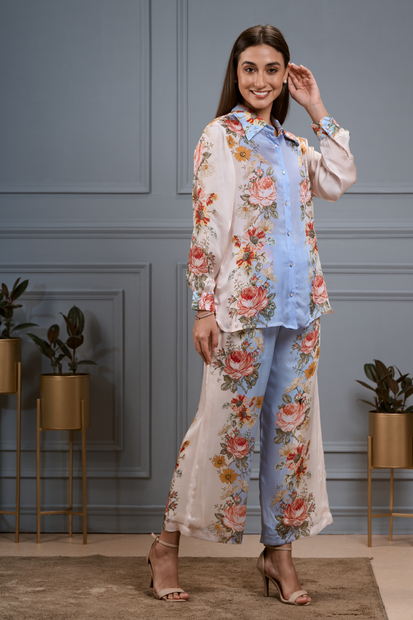 Taroob Silk Satin Floral Co-ord Set with Embroidered Highlights