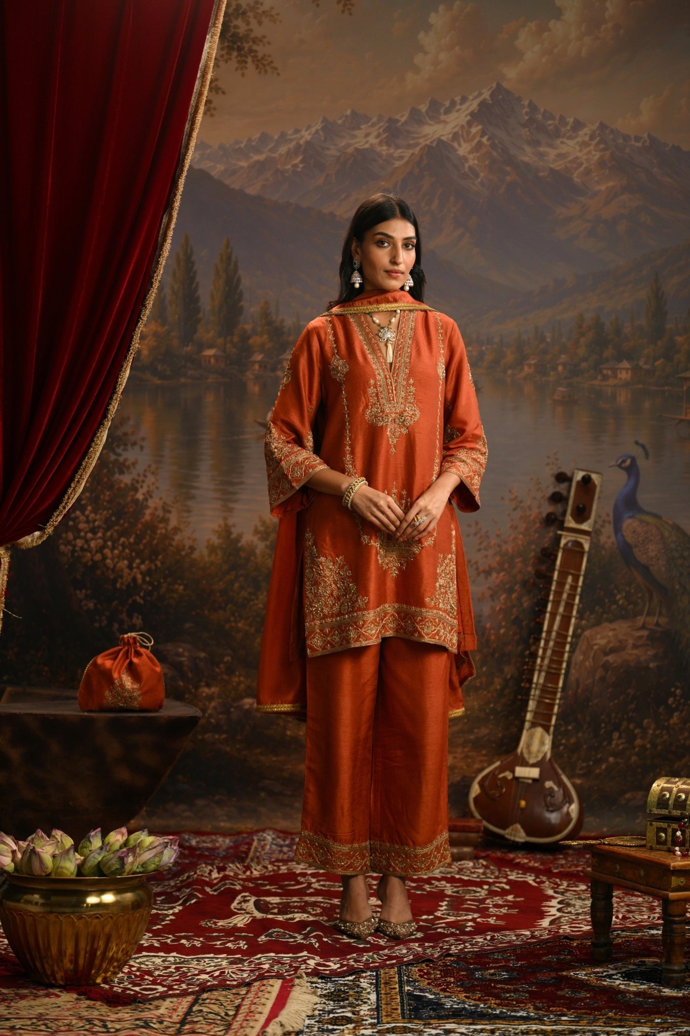 Rust Jharokha Mahal Embroidered Kurta Set Taroob
