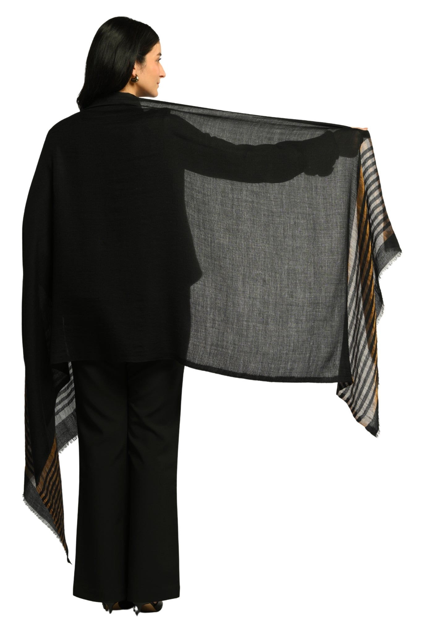 Women's Black Zari Stripe Wool Scarf Taroob