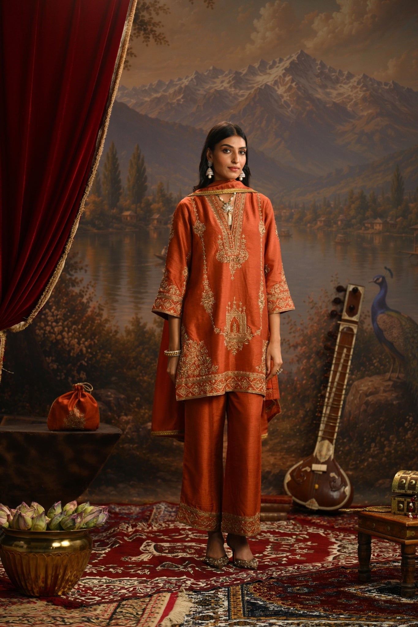 Rust Jharokha Mahal Embroidered Kurta Set Taroob