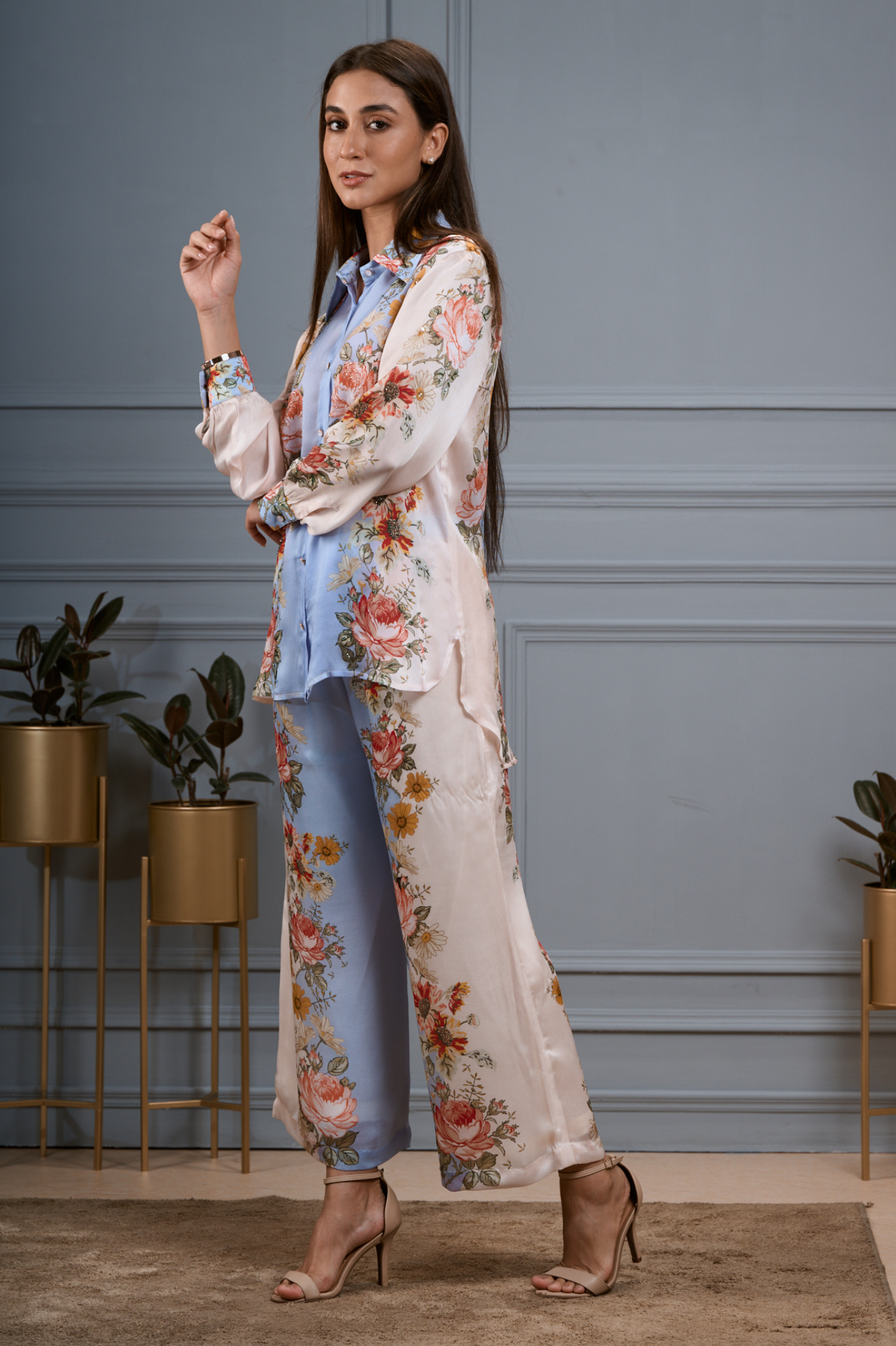 Taroob Silk Satin Floral Co-ord Set with Embroidered Highlights