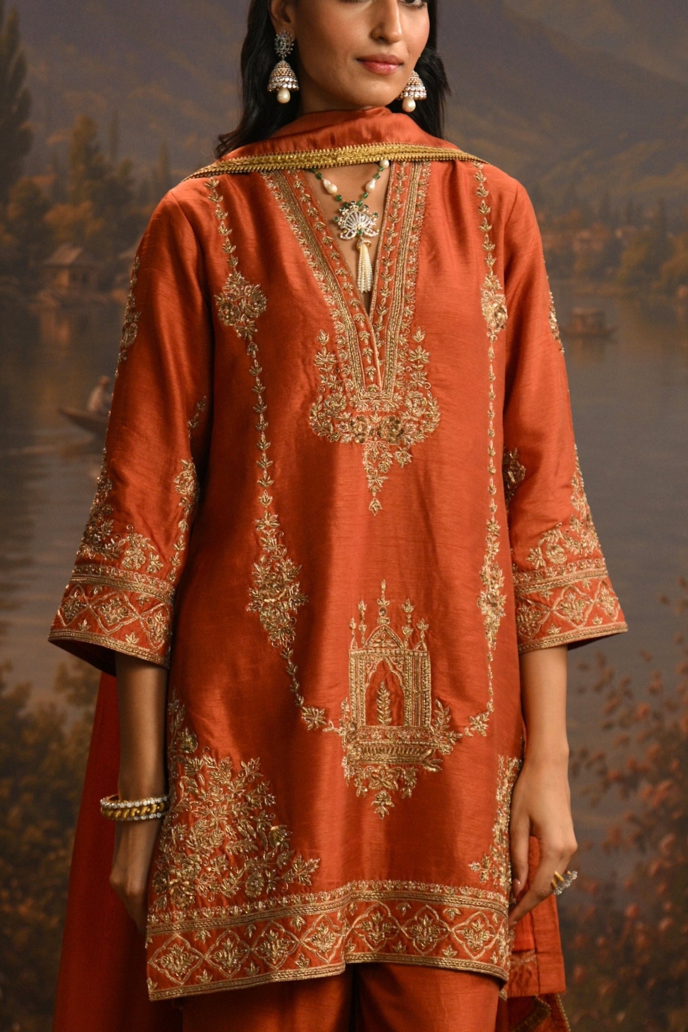 Rust Jharokha Mahal Embroidered Kurta Set Taroob