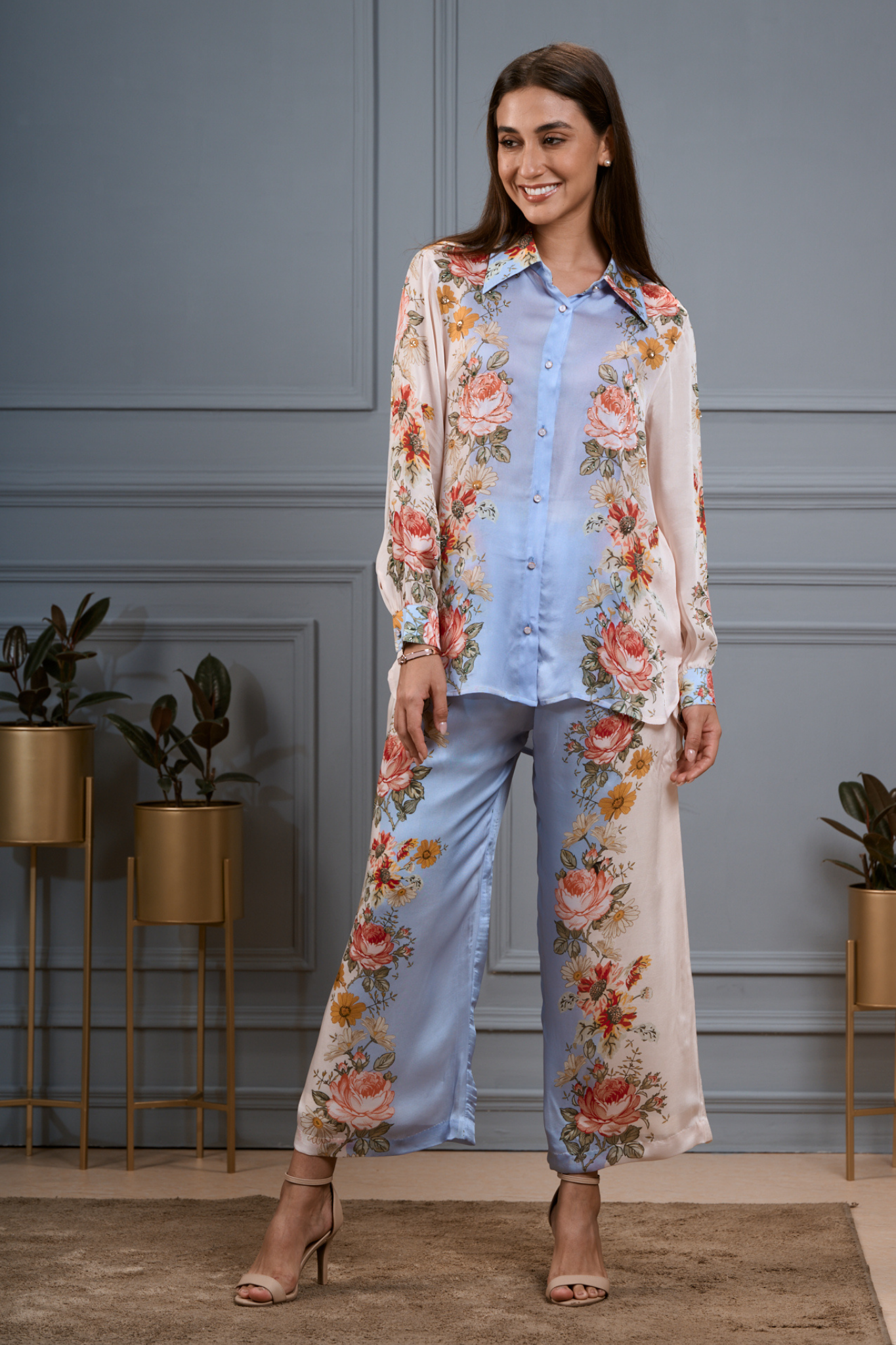 Taroob Silk Satin Floral Co-ord Set with Embroidered Highlights