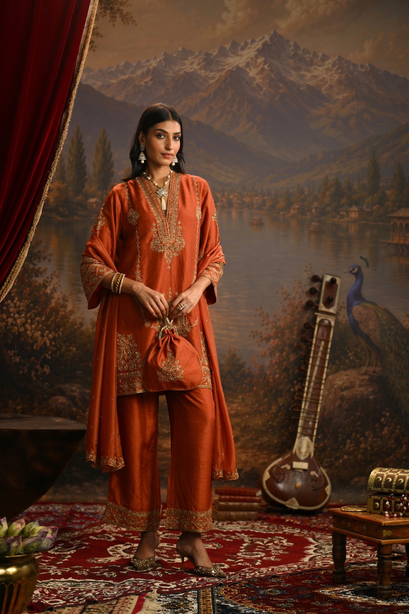 Rust Jharokha Mahal Embroidered Kurta Set Taroob