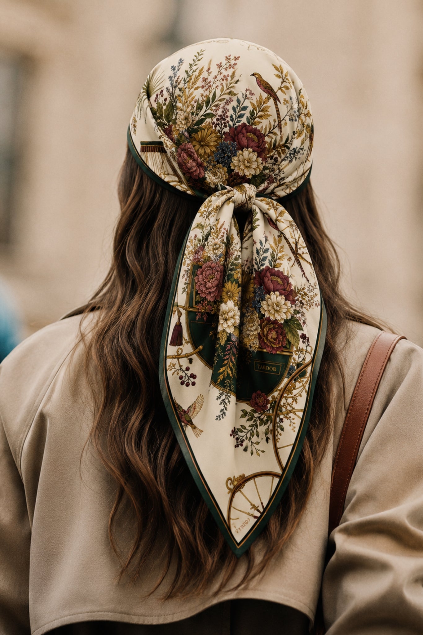 Cream Floral Bouquet Silk Satin Scarf Taroob
