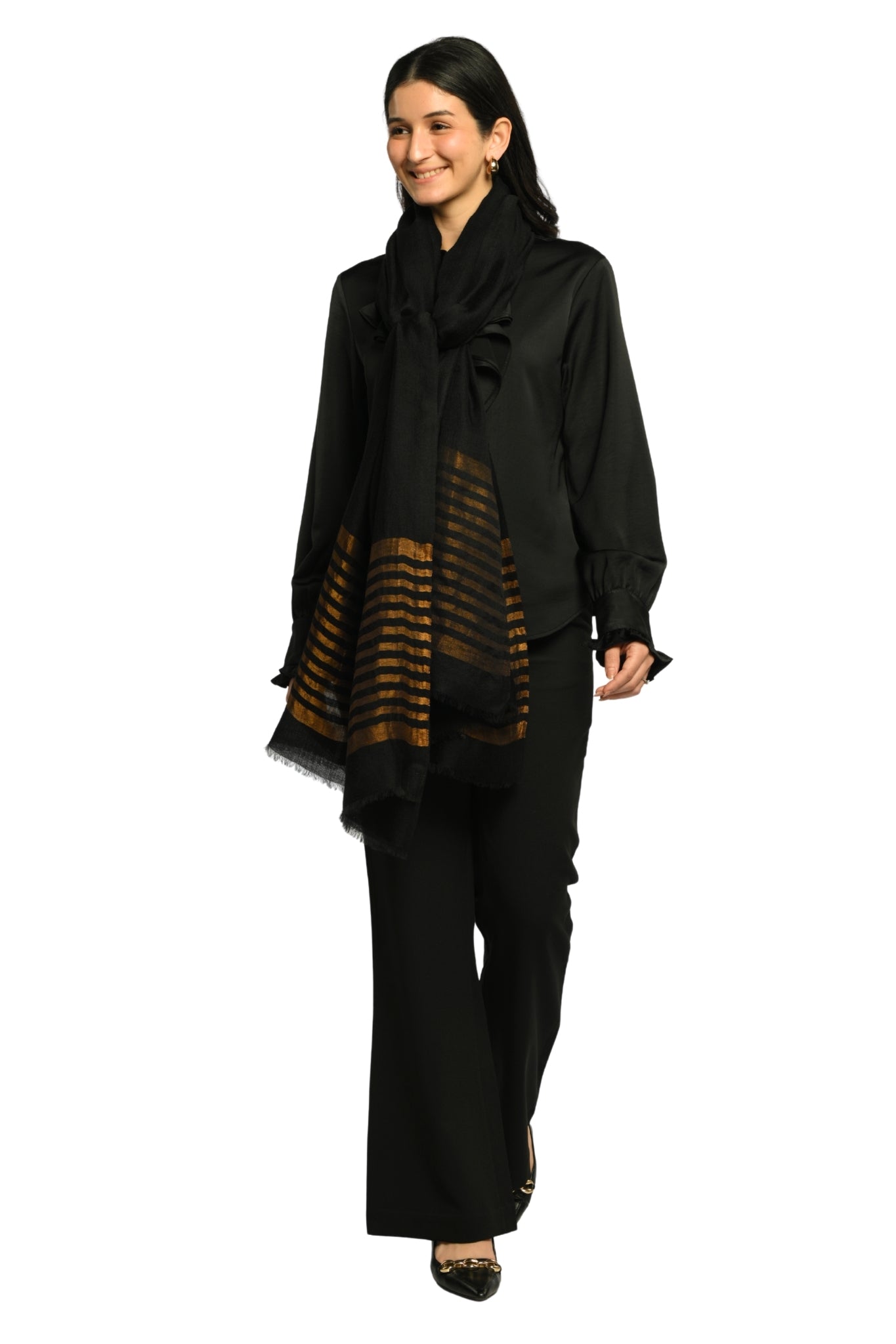 Women's Black Zari Stripe Wool Scarf Taroob