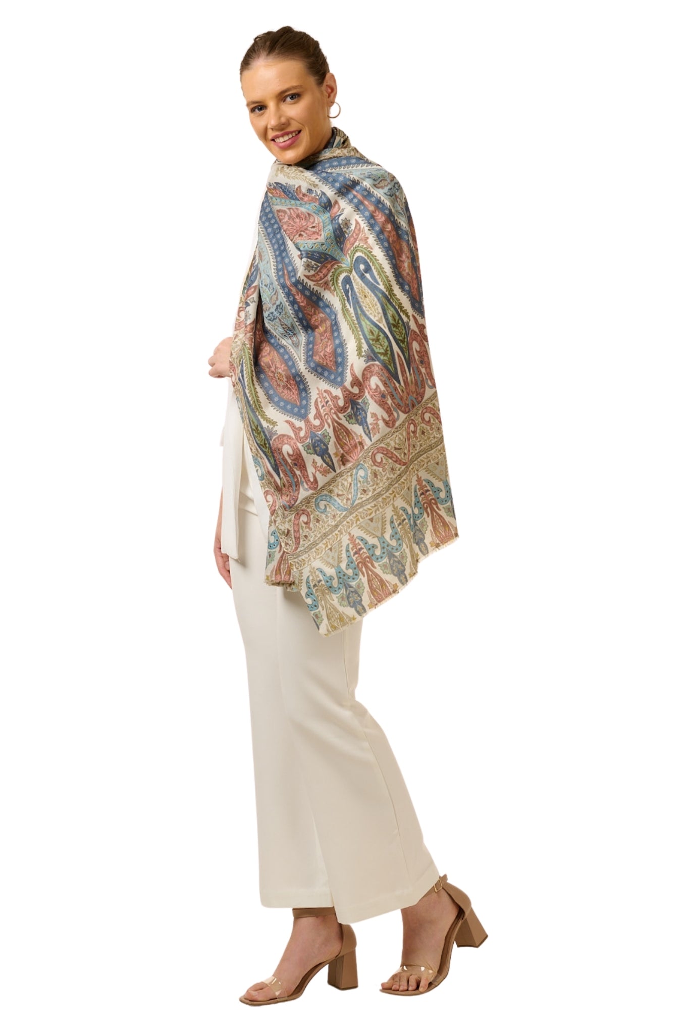 Taroob Pastel Paisley Wool Kalamkari Stole