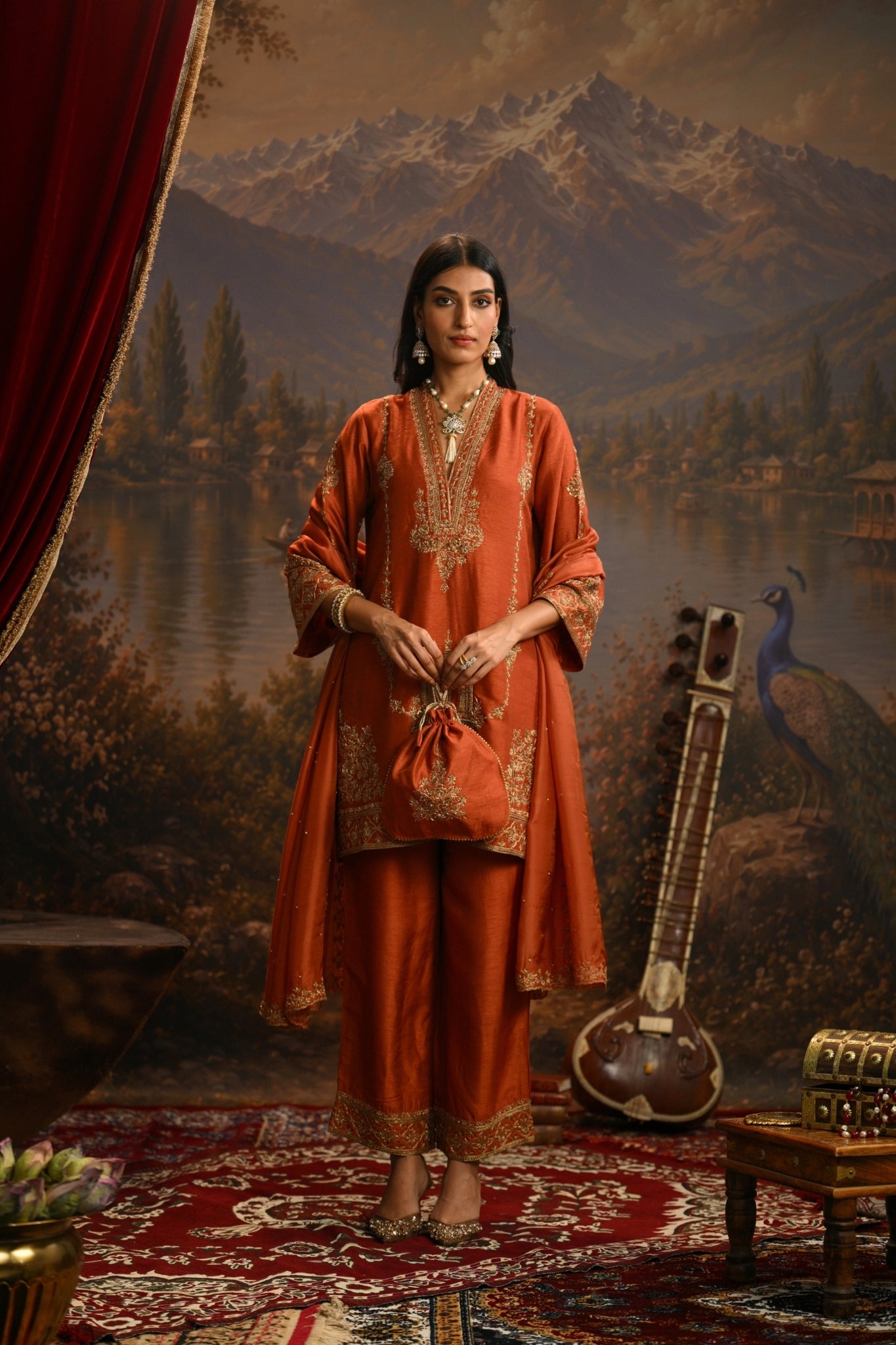 Rust Jharokha Mahal Embroidered Kurta Set Taroob